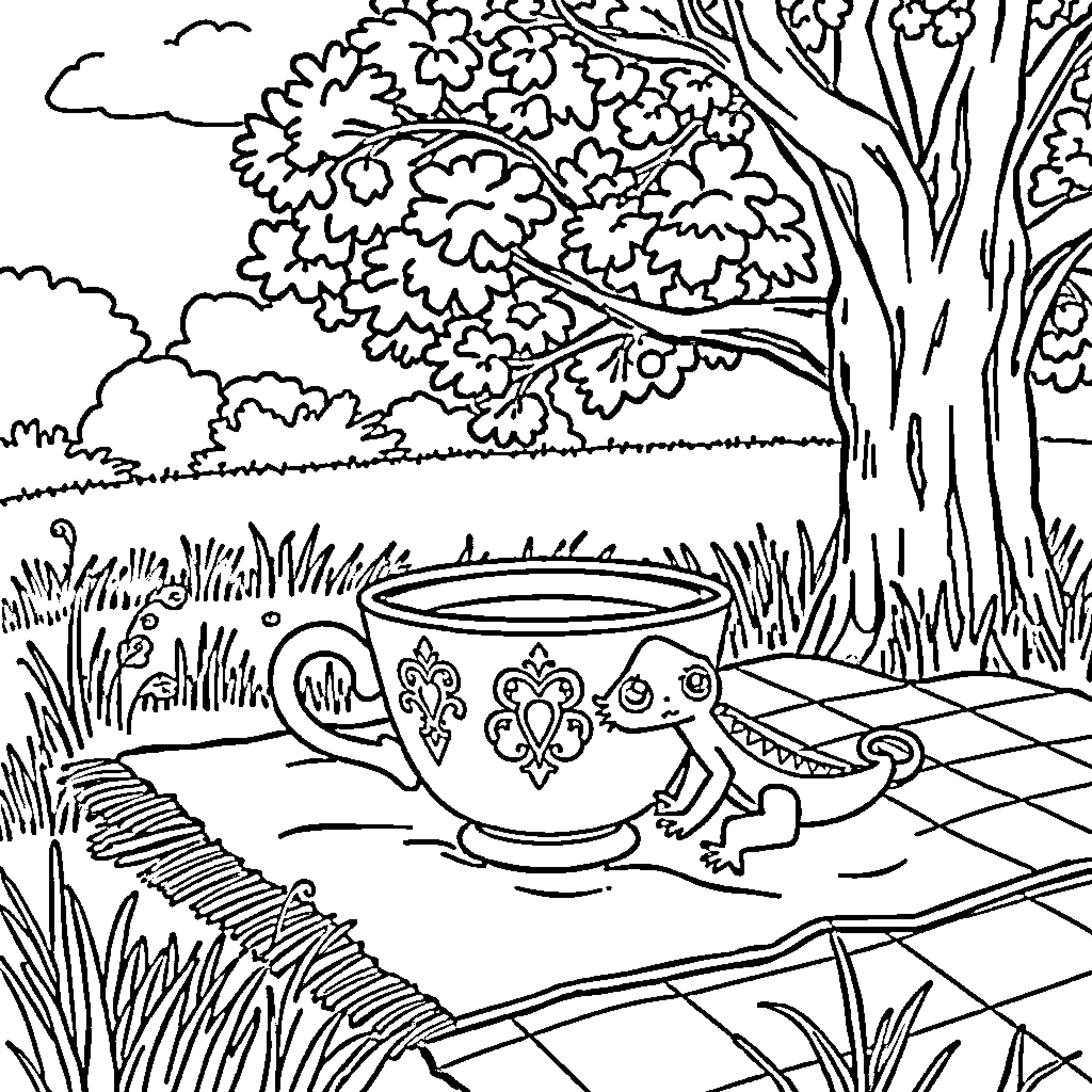 Teacup with Nature's Embrace Coloring Page (free black-and-white line drawing printable PDF for all, from beginners to advanced learners, including children, teens, adults, and seniors)