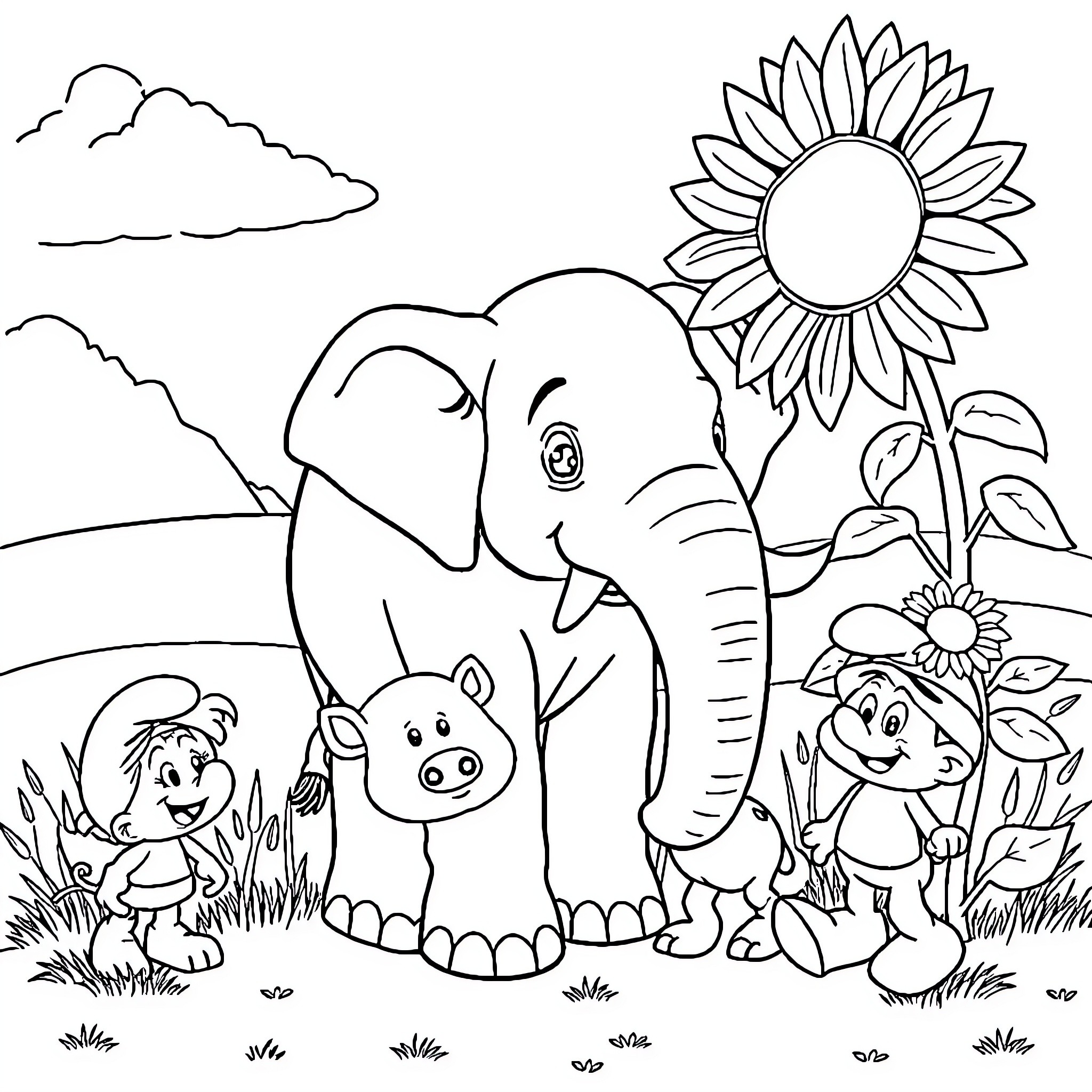 Elephant and animal friends in nature Coloring Page (free black-and-white line drawing printable PDF for all, from beginners to advanced learners, including children, teens, adults, and seniors)