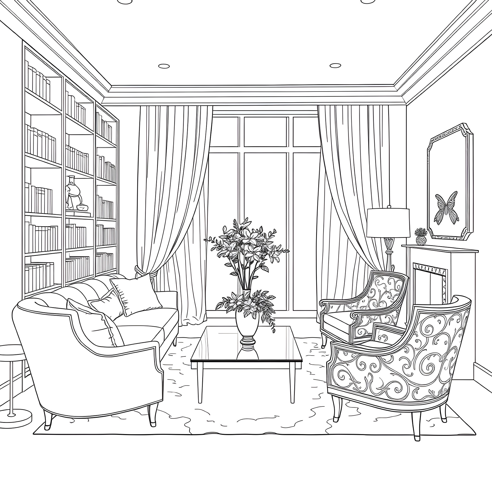 Living Room with Elegant Furnishings and Window View Coloring Page (free black-and-white line drawing printable PDF for all, from beginners to advanced learners, including children, teens, adults, and seniors)