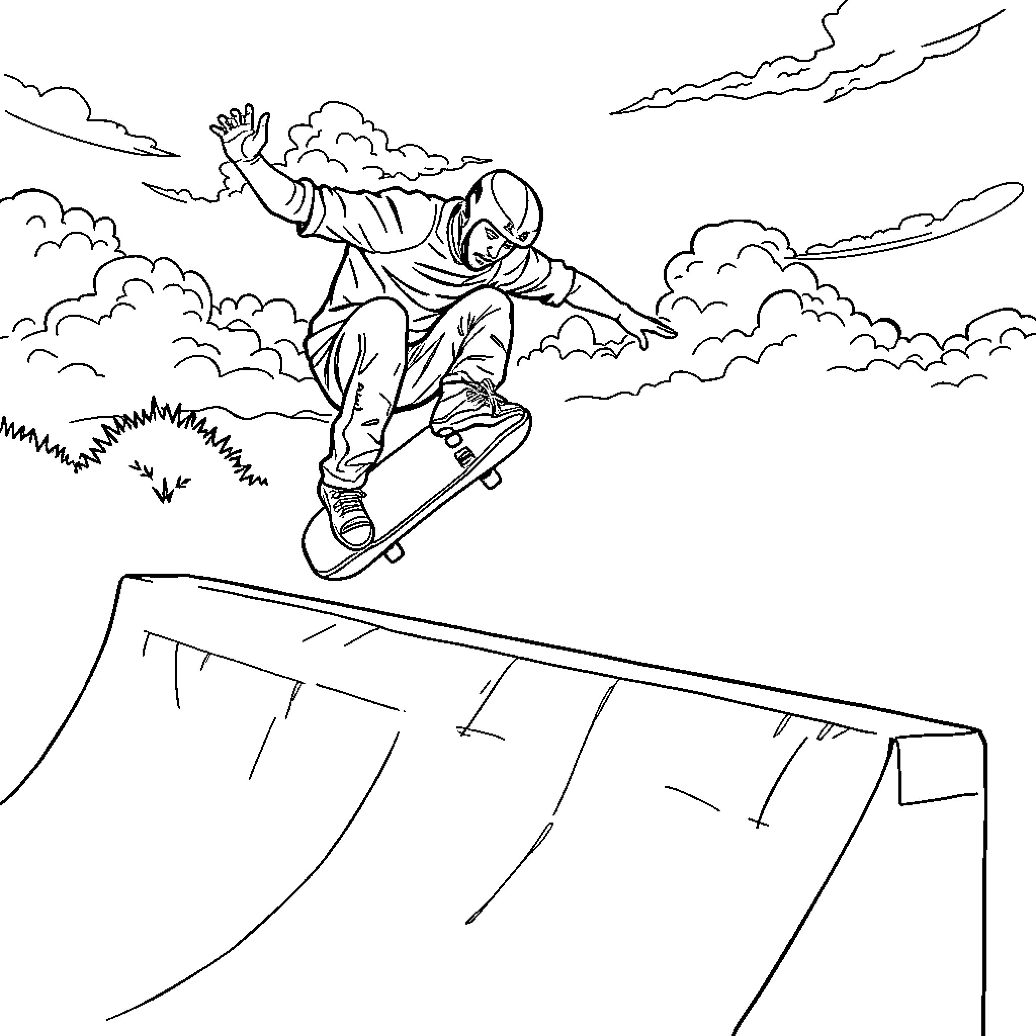 Skateboarder performing a trick in the skatepark Coloring Page (free black-and-white line drawing printable PDF for all, from beginners to advanced learners, including children, teens, adults, and seniors)