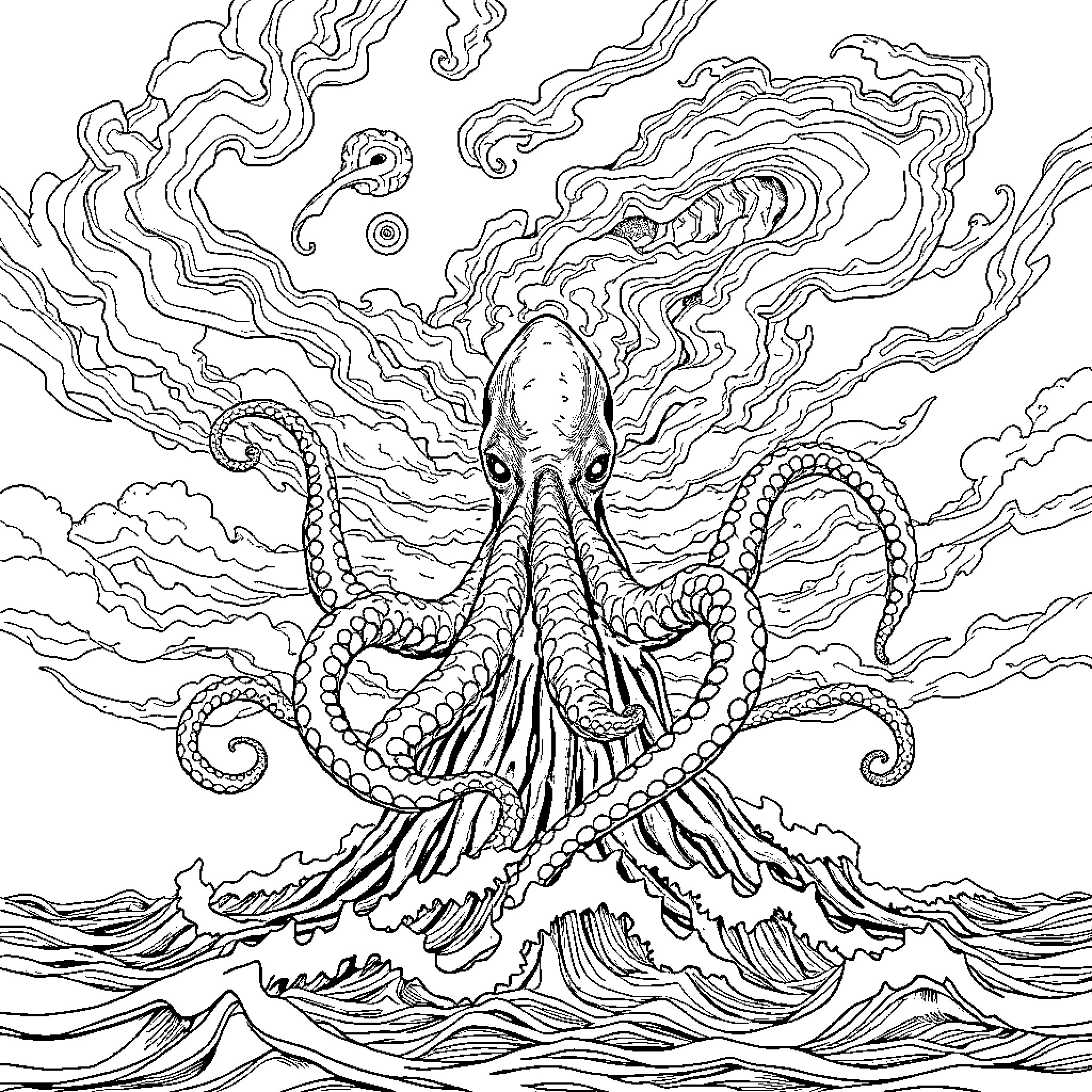 Cthulhu's Awakening: Cosmic Terror Unleashed Coloring Page (free black-and-white line drawing printable PDF for all, from beginners to advanced learners, including children, teens, adults, and seniors)