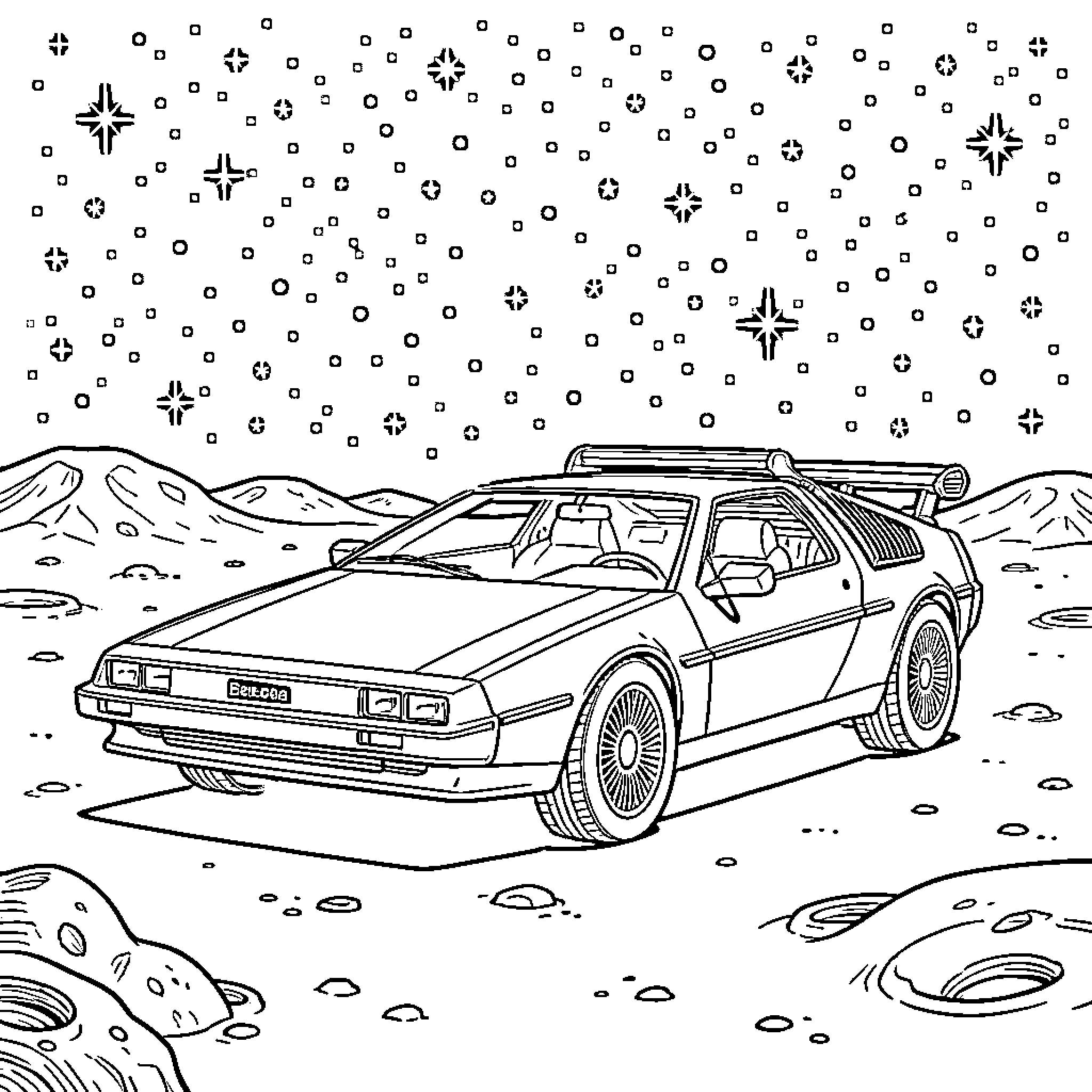 DeLorean time machine in a snowy landscape Coloring Page (free black-and-white line drawing printable PDF for all, from beginners to advanced learners, including children, teens, adults, and seniors)