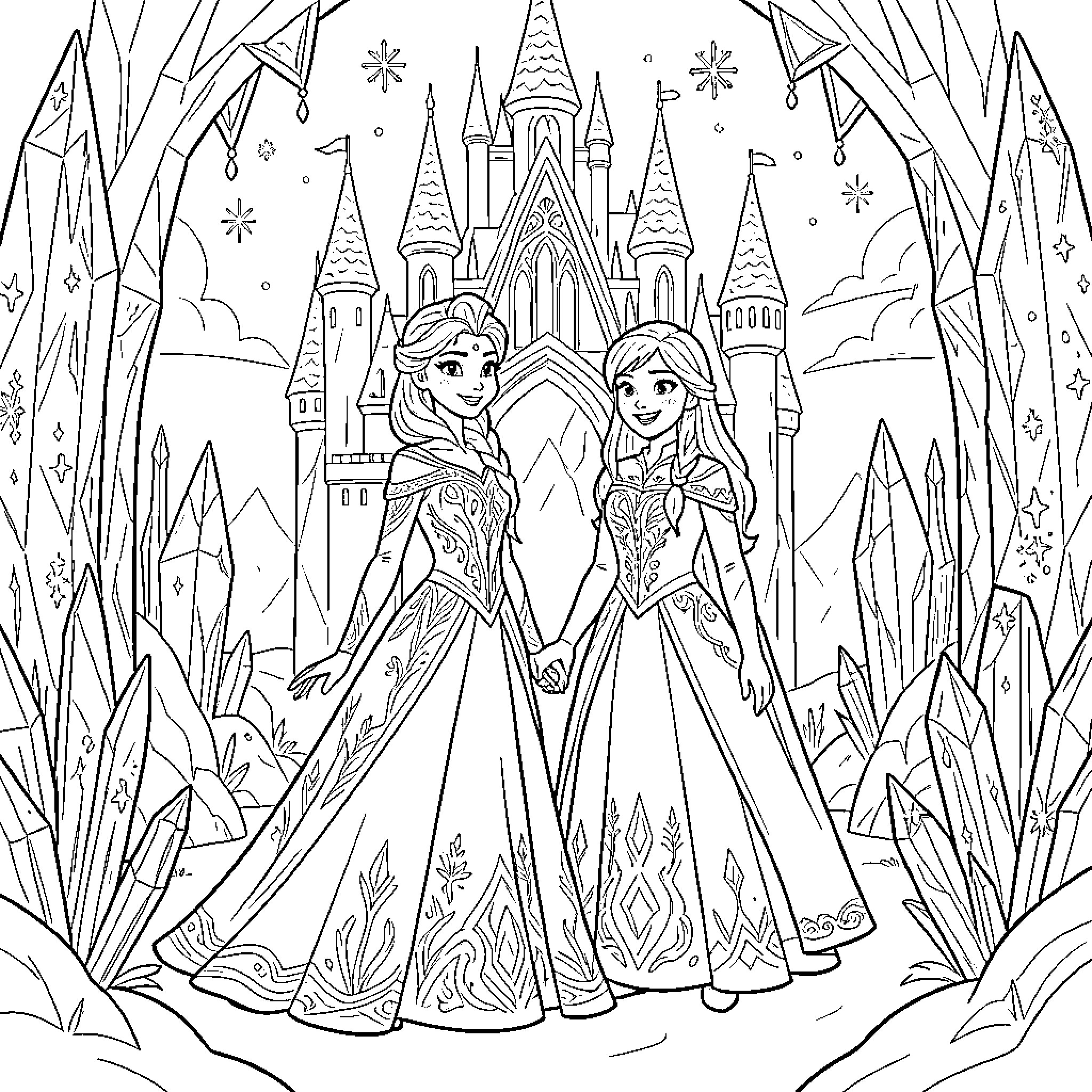 Elsa and Anna in winter wonderland Coloring Page (free black-and-white line drawing printable PDF for all, from beginners to advanced learners, including children, teens, adults, and seniors)