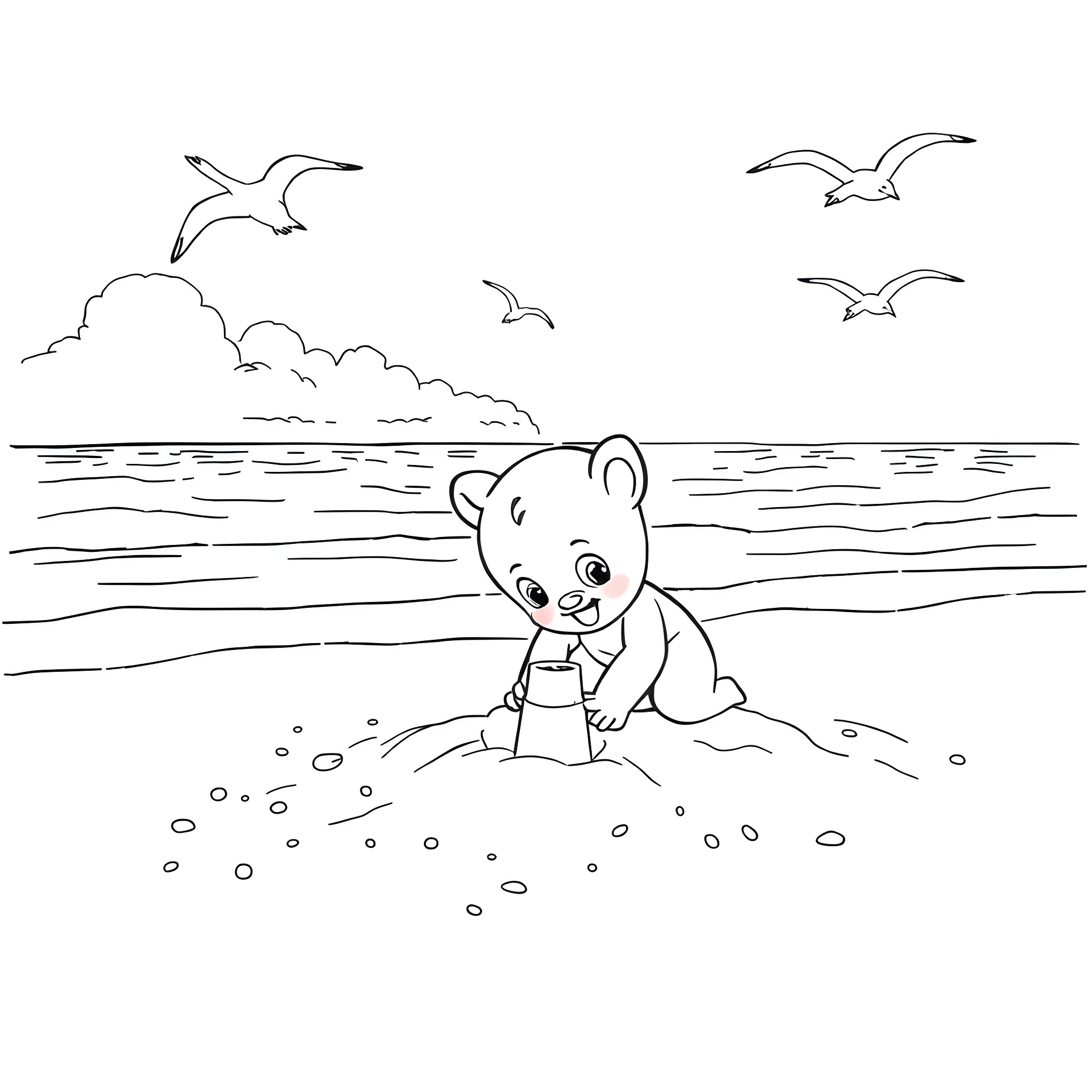 Bluey playing in the sand by the ocean Coloring Page (free black-and-white line drawing printable PDF for all, from beginners to advanced learners, including children, teens, adults, and seniors)