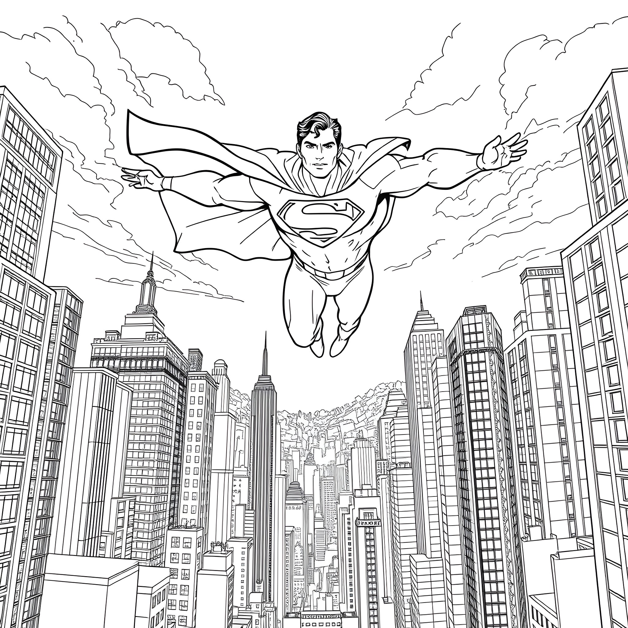 Superman flying over city skyline Coloring Page (free black-and-white line drawing printable PDF for all, from beginners to advanced learners, including children, teens, adults, and seniors)