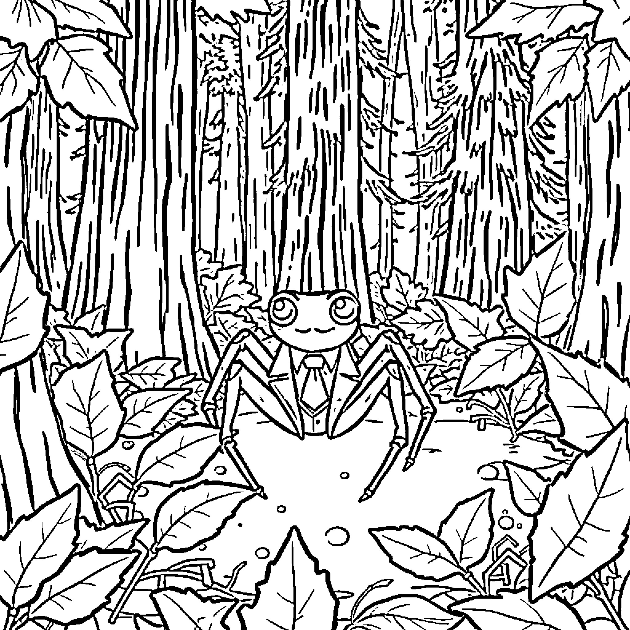 Spider Exploring the Enchanted Forest Coloring Page (free black-and-white line drawing printable PDF for all, from beginners to advanced learners, including children, teens, adults, and seniors)