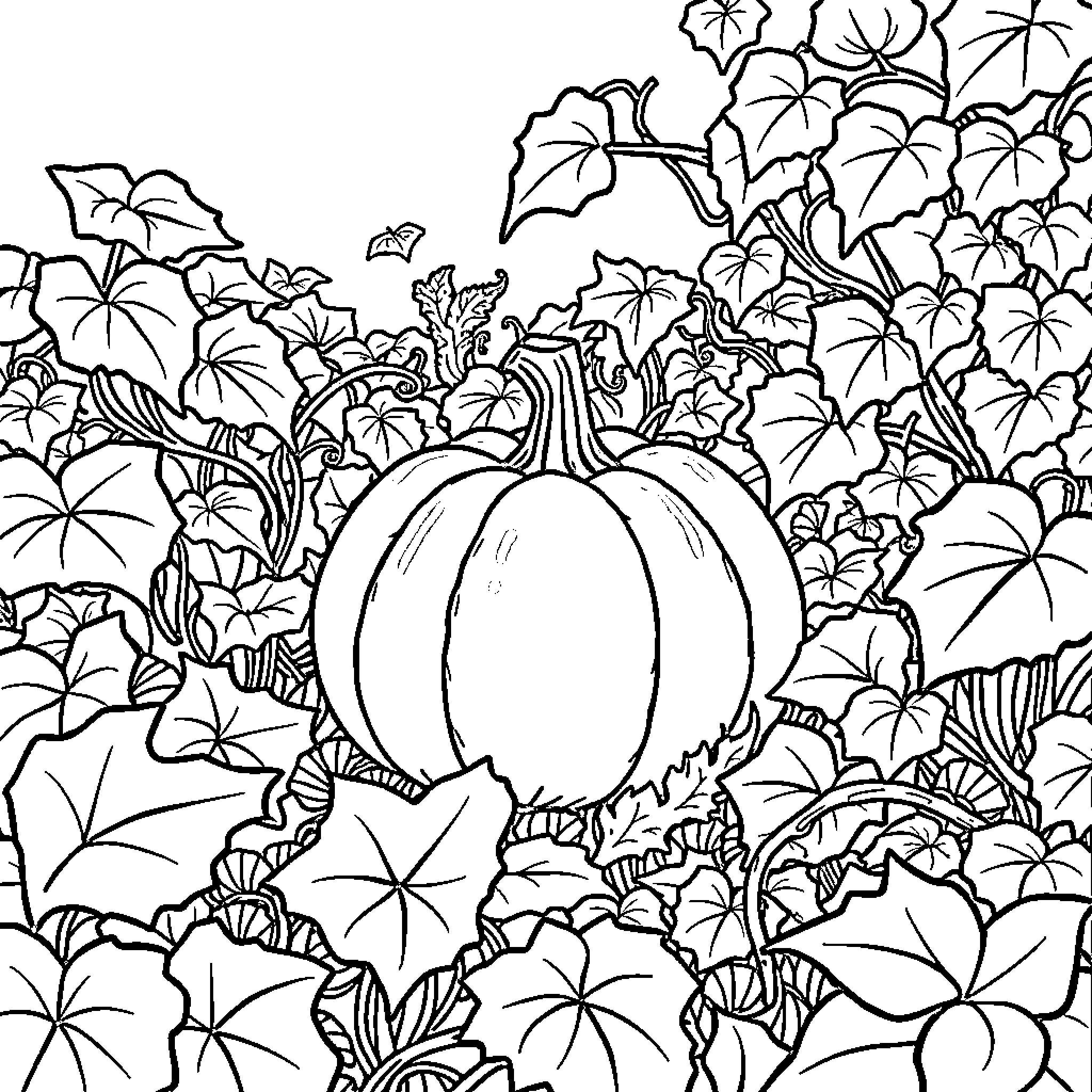 Pumpkin amidst a garden of foliage Coloring Page (free black-and-white line drawing printable PDF for all, from beginners to advanced learners, including children, teens, adults, and seniors)