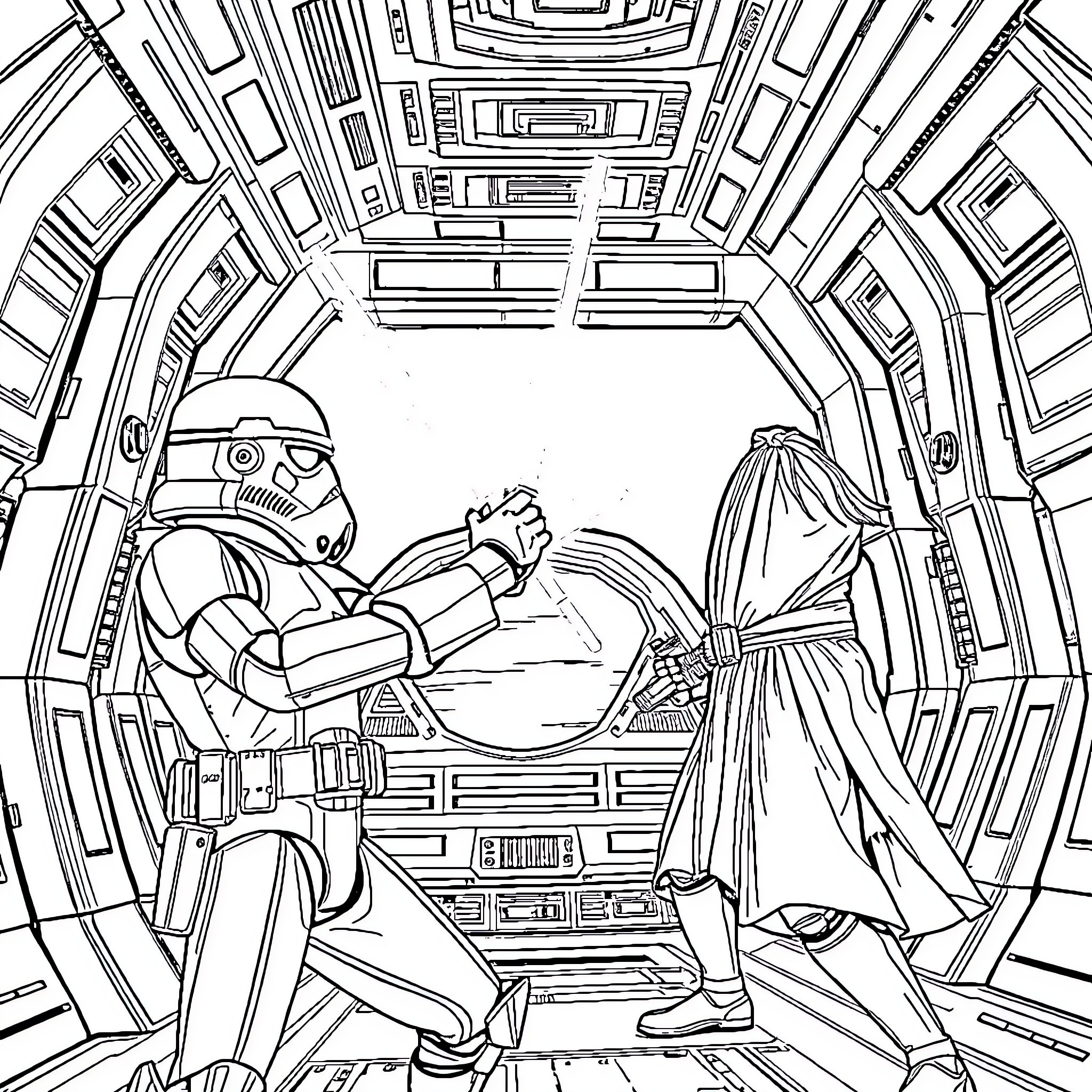 Obi-Wan Kenobi in an intense Star Wars scene Coloring Page (free black-and-white line drawing printable PDF for all, from beginners to advanced learners, including children, teens, adults, and seniors)