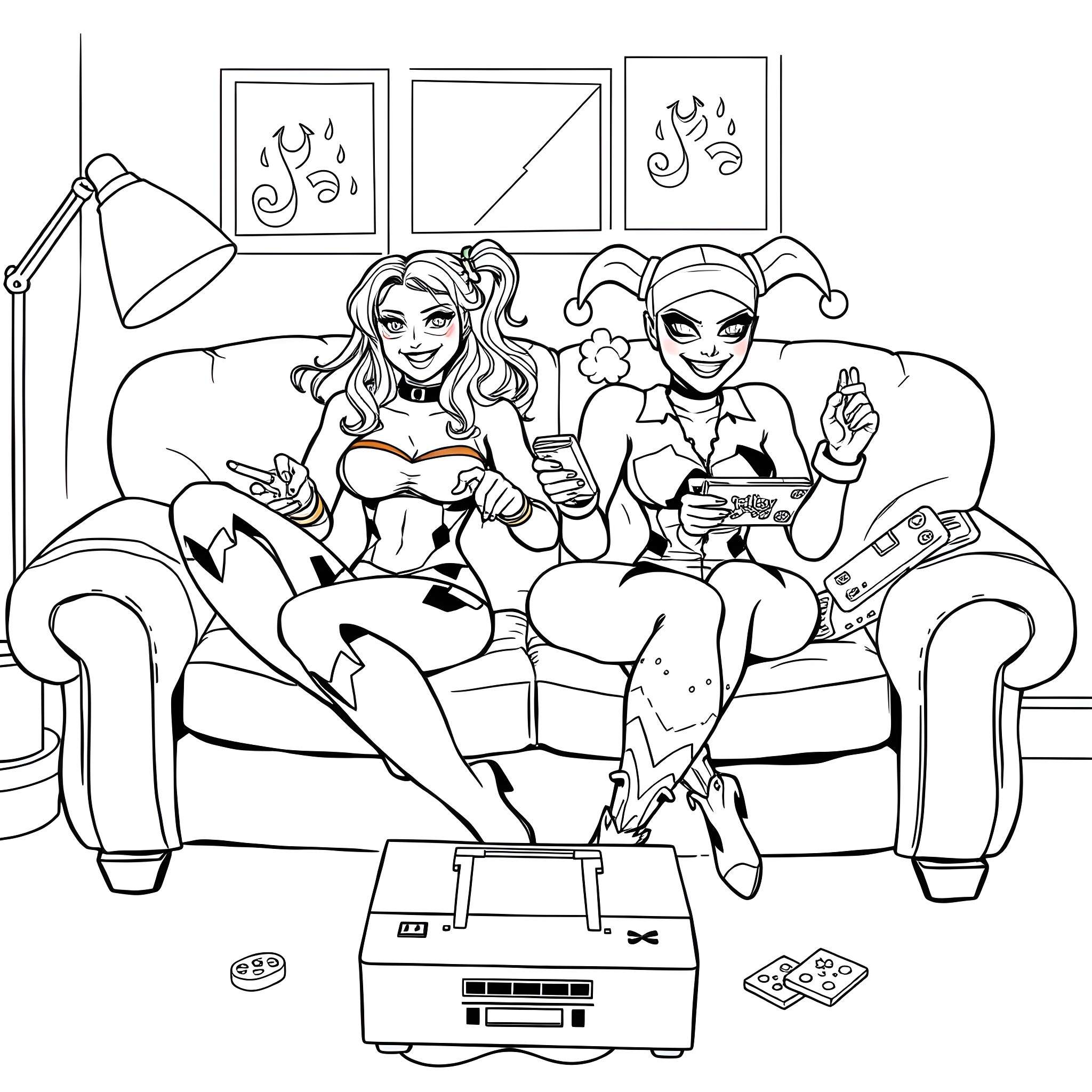 Harley Quinn and Joker enjoying a game night together Coloring Page (free black-and-white line drawing printable PDF for all, from beginners to advanced learners, including children, teens, adults, and seniors)