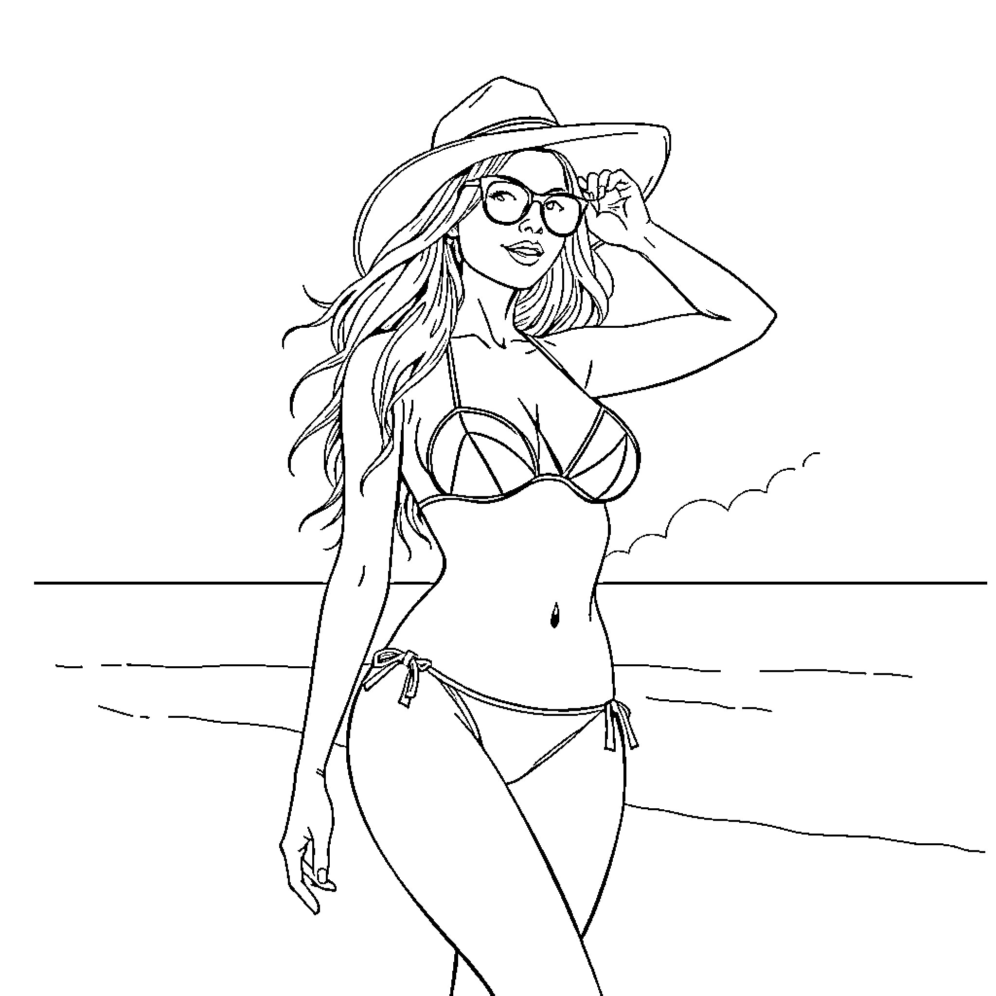 Bikini Model Enjoying the Beach Coloring Page (free black-and-white line drawing printable PDF for all, from beginners to advanced learners, including children, teens, adults, and seniors)