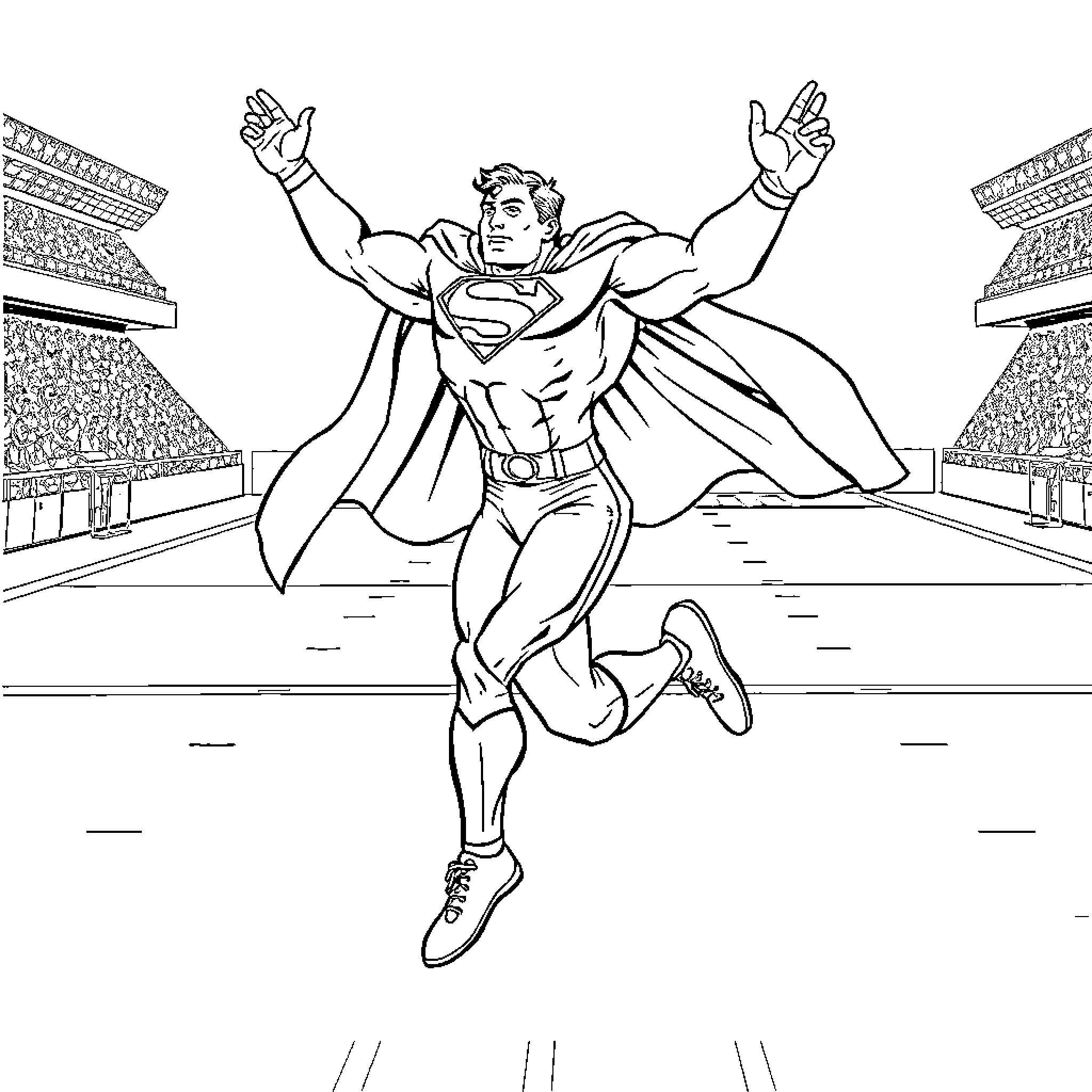 Superman flying heroically in stadium Coloring Page (free black-and-white line drawing printable PDF for all, from beginners to advanced learners, including children, teens, adults, and seniors)