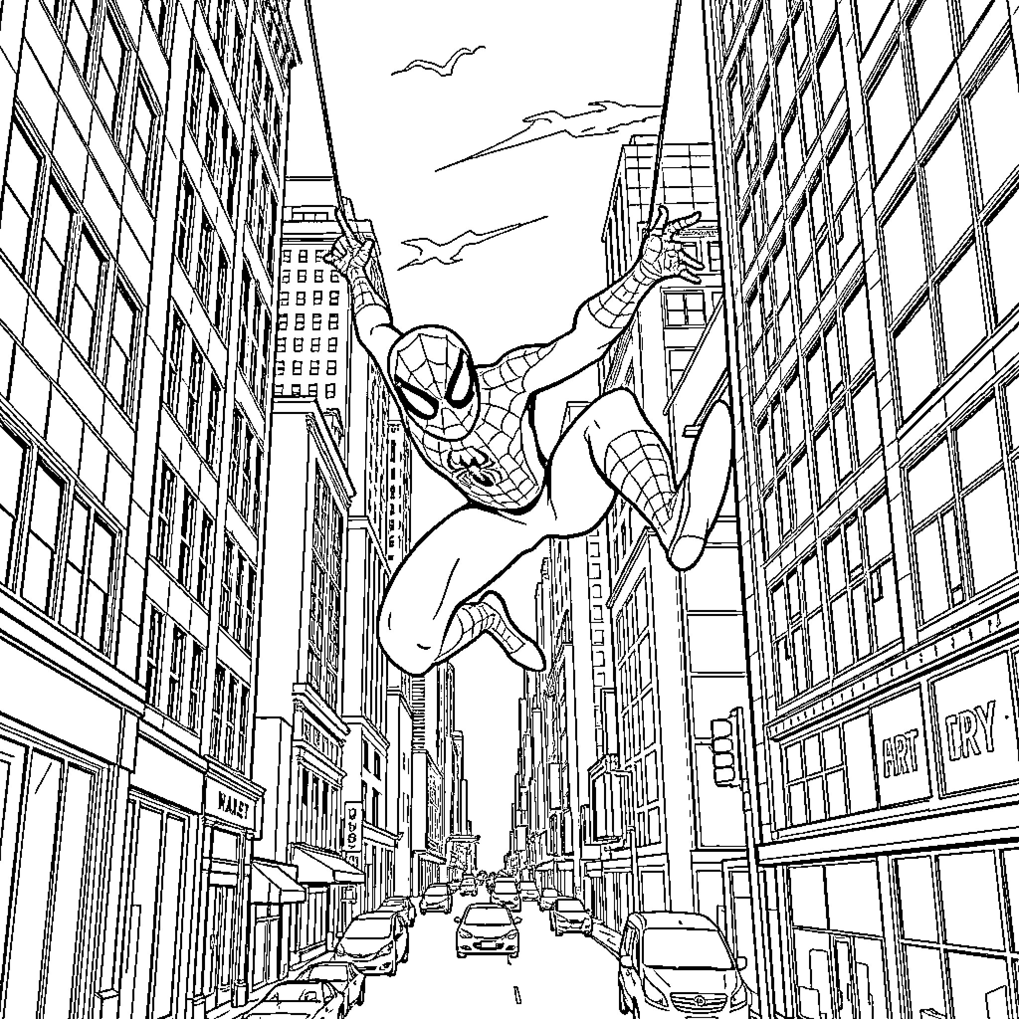 Spiderman swinging through the city streets Coloring Page (free black-and-white line drawing printable PDF for all, from beginners to advanced learners, including children, teens, adults, and seniors)