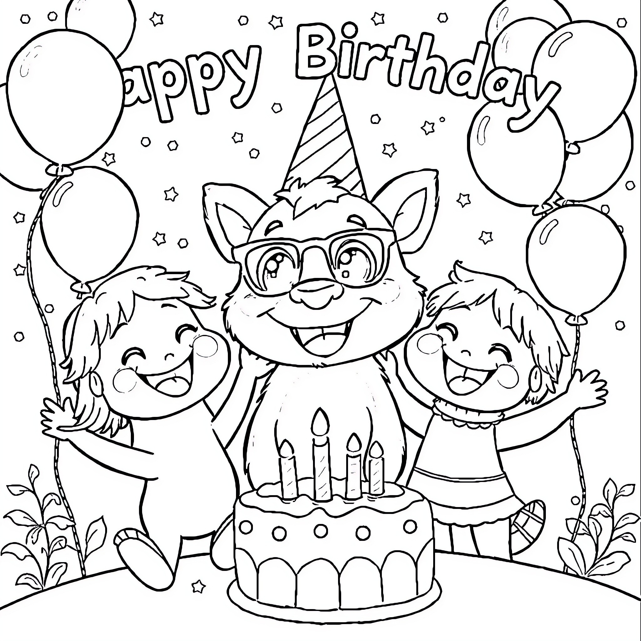 Bluey celebrates a happy birthday with friends Coloring Page (free black-and-white line drawing printable PDF for all, from beginners to advanced learners, including children, teens, adults, and seniors)