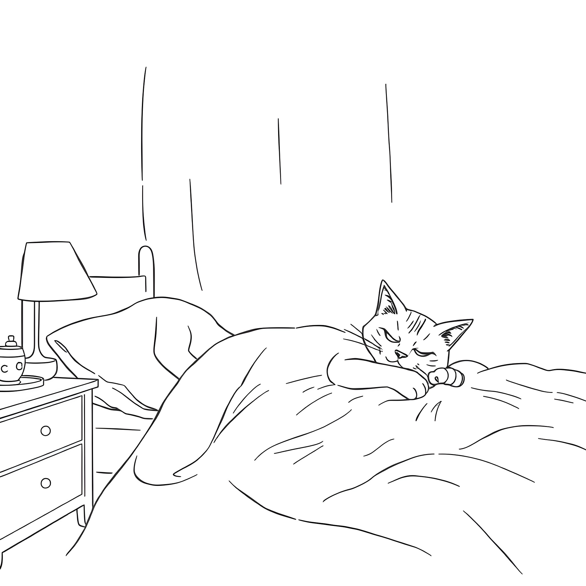 Person resting peacefully on couch with cat Coloring Page (free black-and-white line drawing printable PDF for all, from beginners to advanced learners, including children, teens, adults, and seniors)