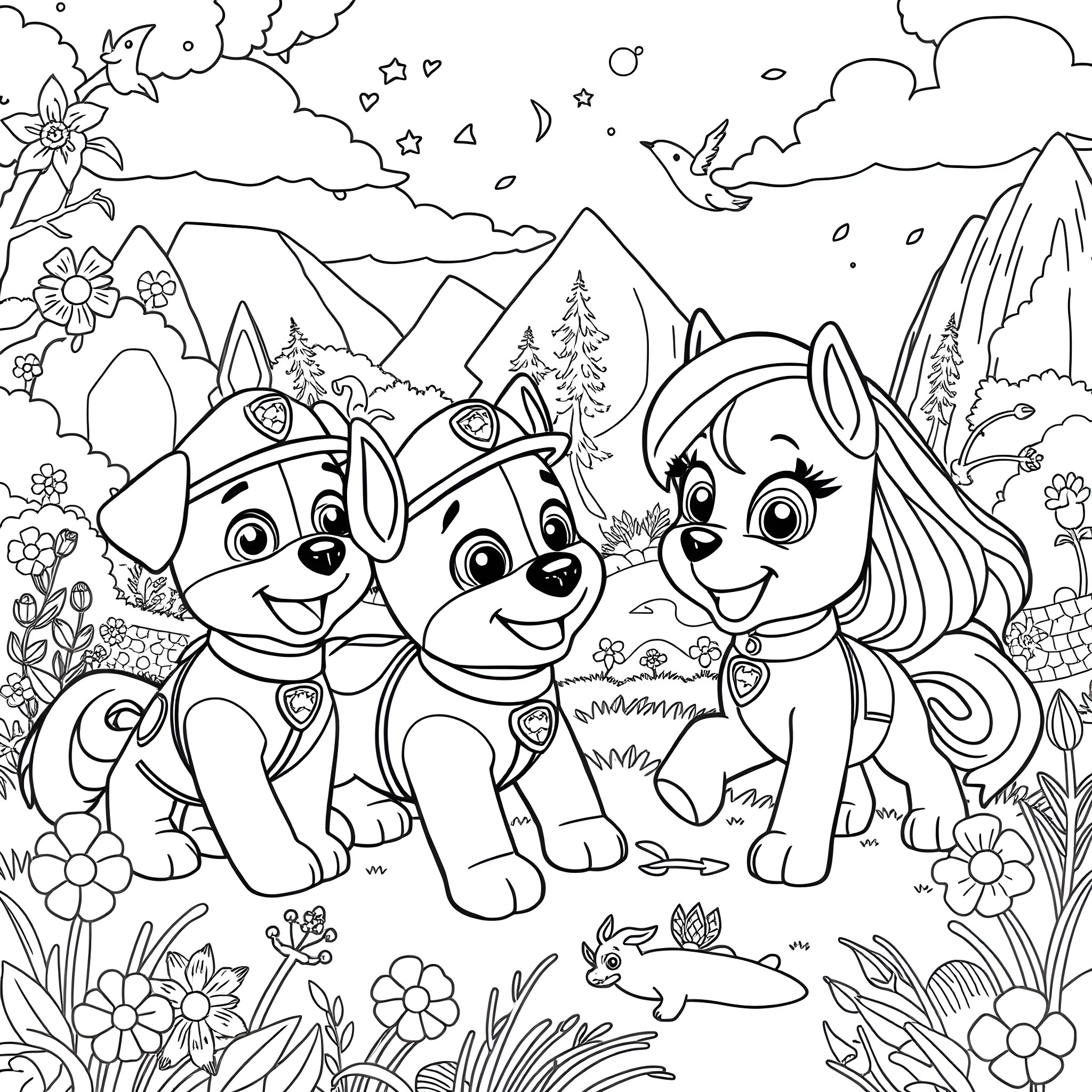 Paw Patrol Puppies on an Outdoor Adventure Coloring Page (free black-and-white line drawing printable PDF for all, from beginners to advanced learners, including children, teens, adults, and seniors)