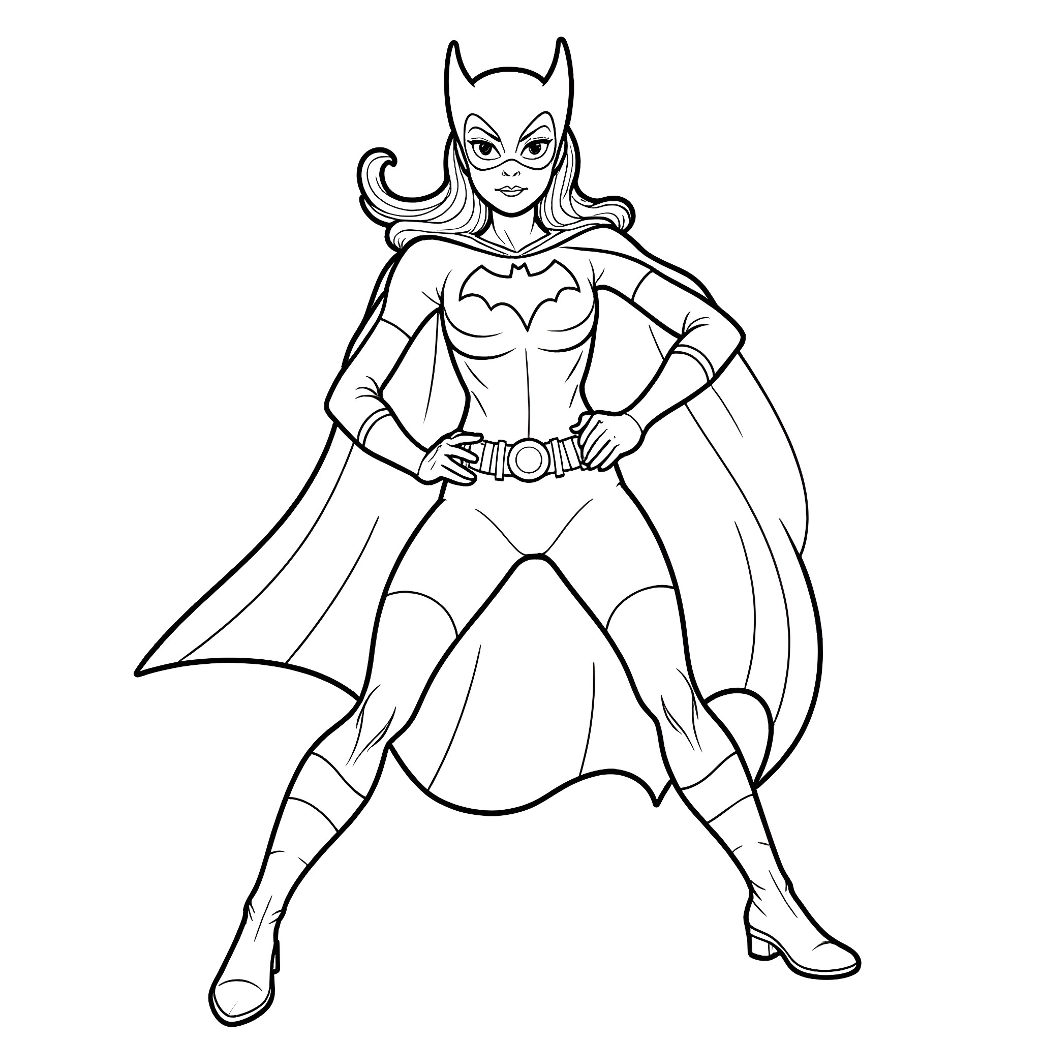 Batgirl in heroic pose Coloring Page (free black-and-white line drawing printable PDF for all, from beginners to advanced learners, including children, teens, adults, and seniors)