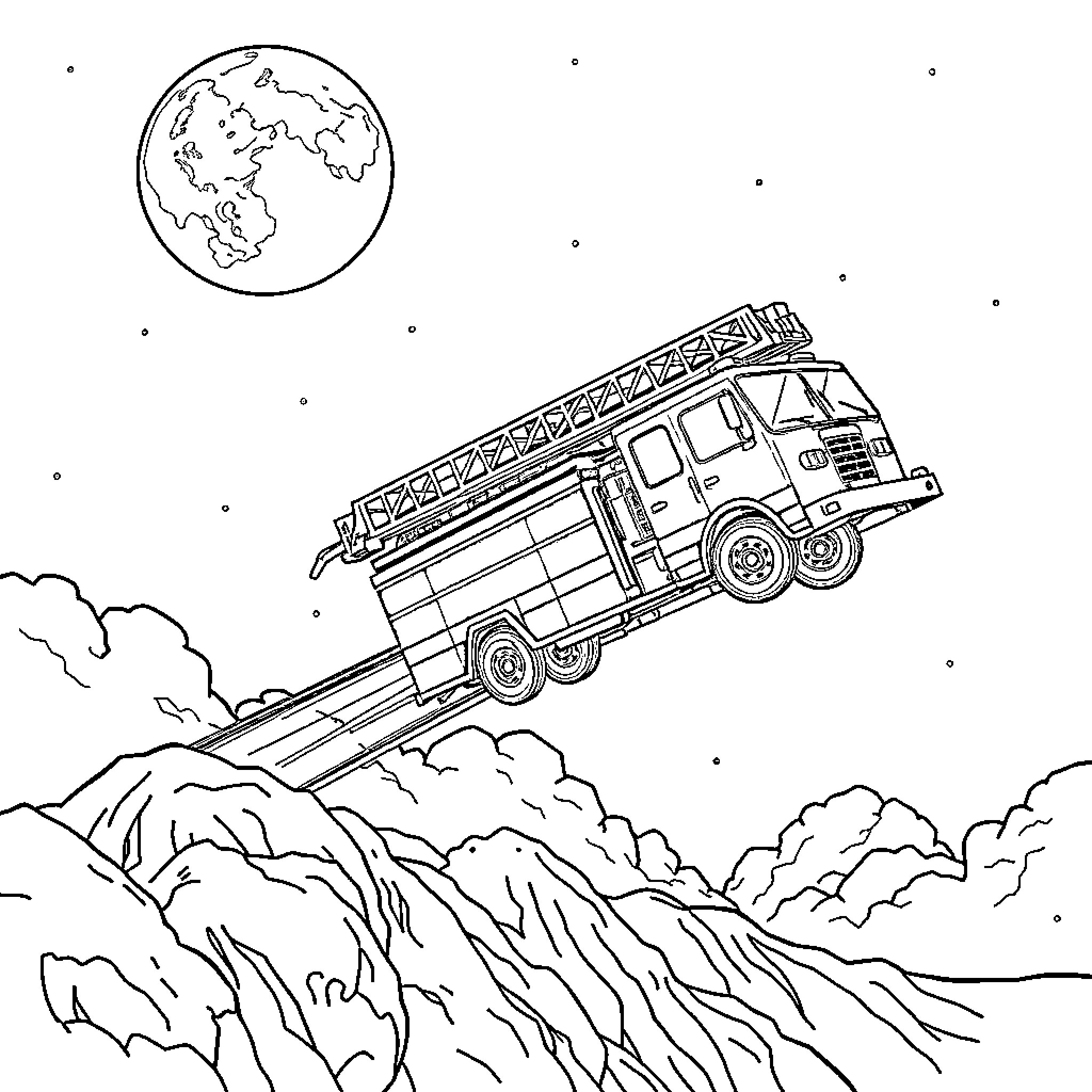 Fire Truck racing to respond to an emergency call Coloring Page (free black-and-white line drawing printable PDF for all, from beginners to advanced learners, including children, teens, adults, and seniors)