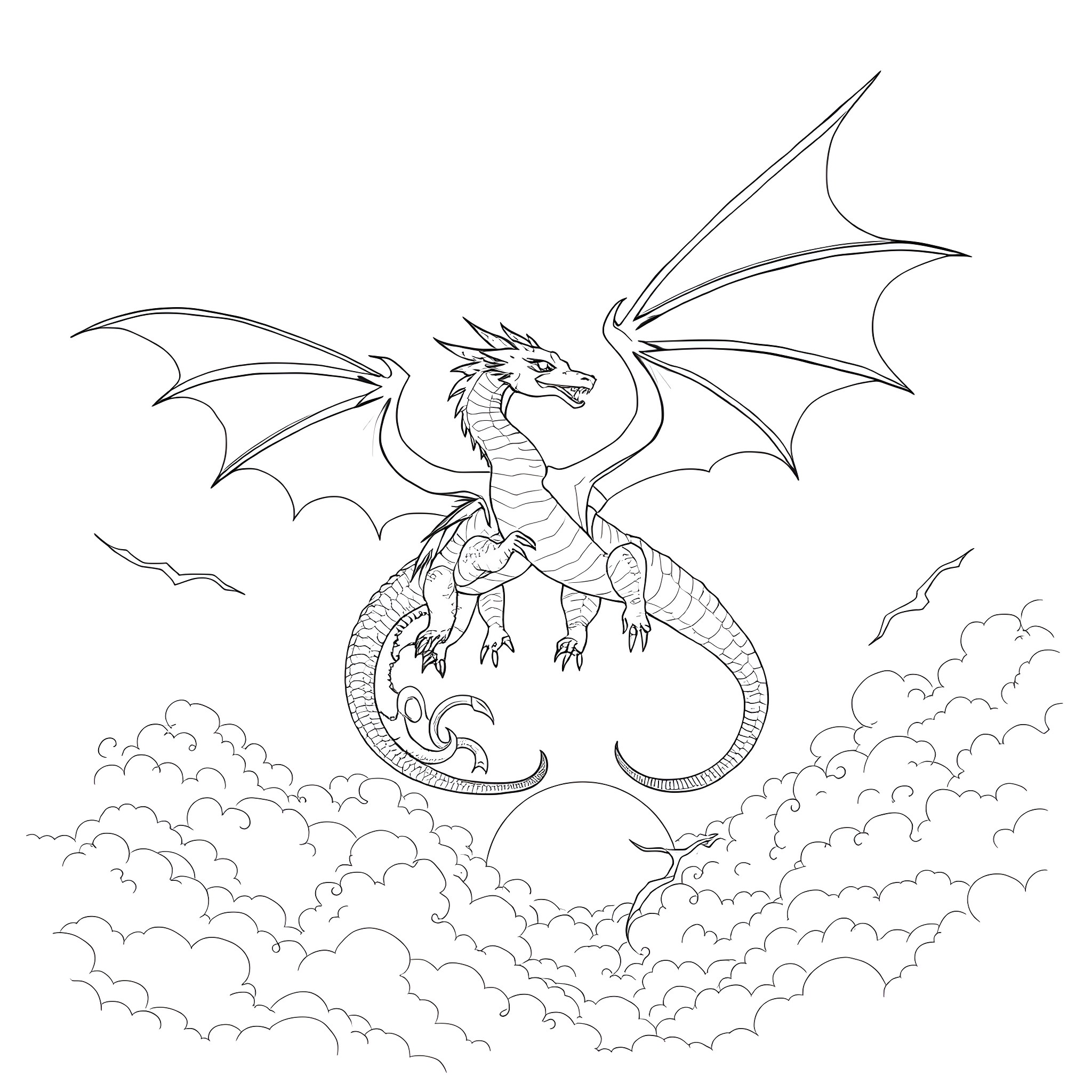 Dragon soaring majestically above the clouds Coloring Page (free black-and-white line drawing printable PDF for all, from beginners to advanced learners, including children, teens, adults, and seniors)