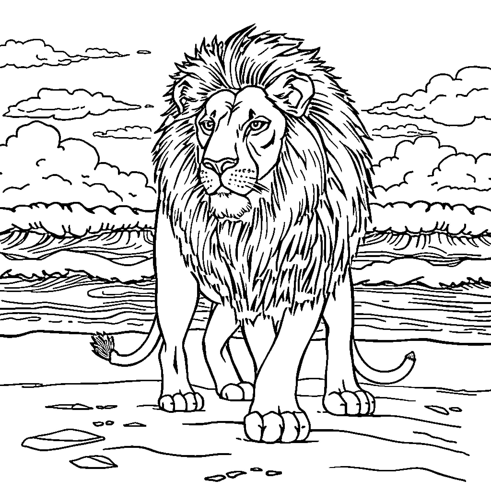 Lion roaring majestically in the wild landscape Coloring Page (free black-and-white line drawing printable PDF for all, from beginners to advanced learners, including children, teens, adults, and seniors)