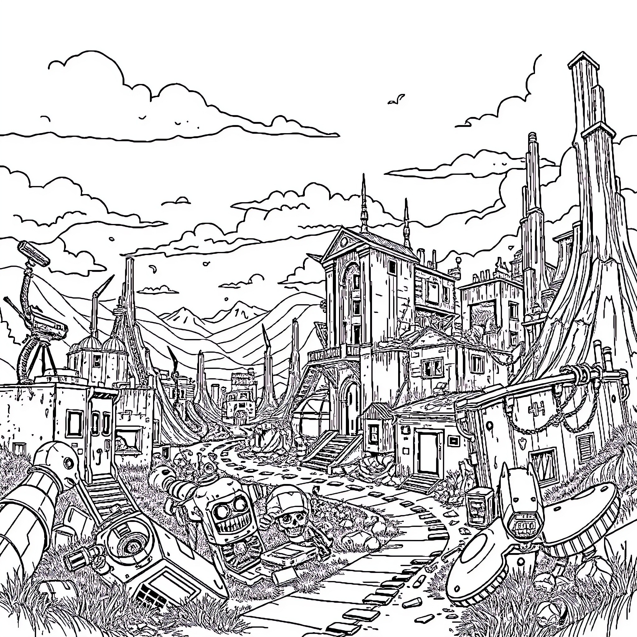 Fallout: Dystopian Cityscape with Desolation and Ruins Coloring Page (free black-and-white line drawing printable PDF for all, from beginners to advanced learners, including children, teens, adults, and seniors)