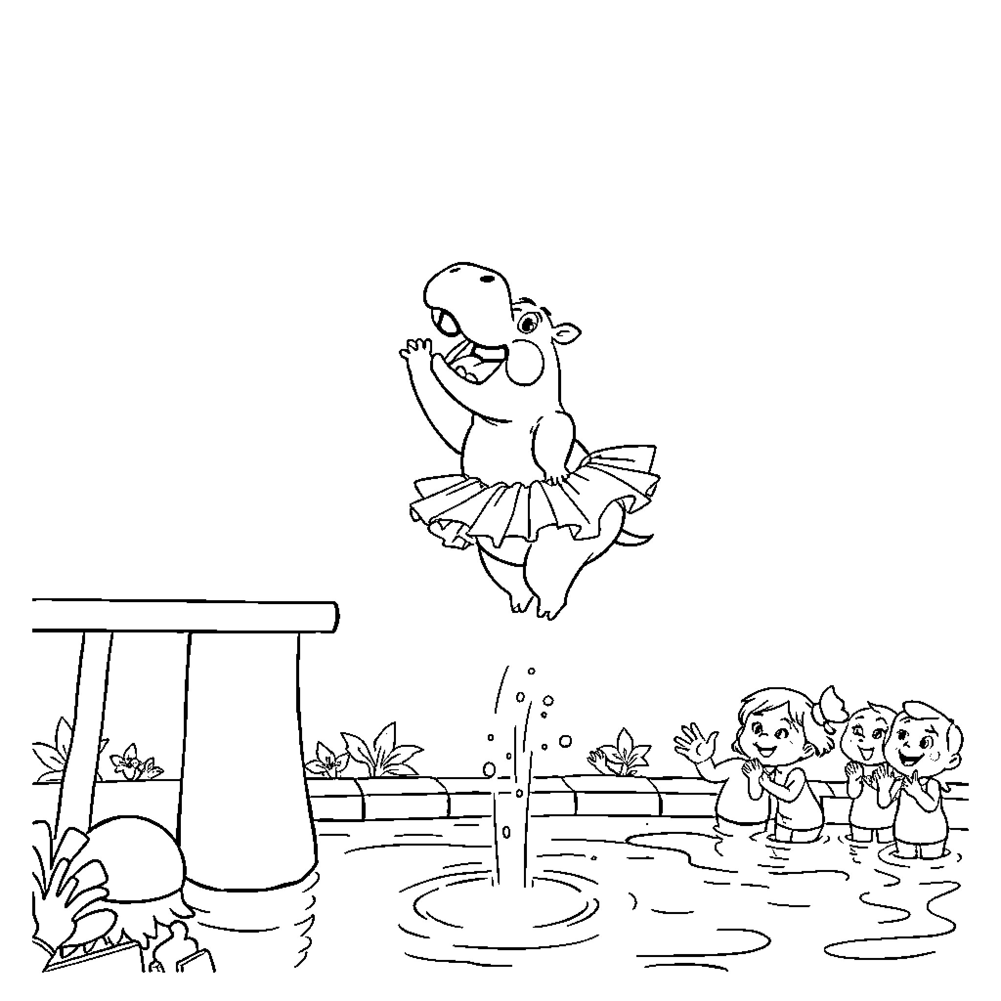 Hippo dancing joyfully in the fountain Coloring Page (free black-and-white line drawing printable PDF for all, from beginners to advanced learners, including children, teens, adults, and seniors)
