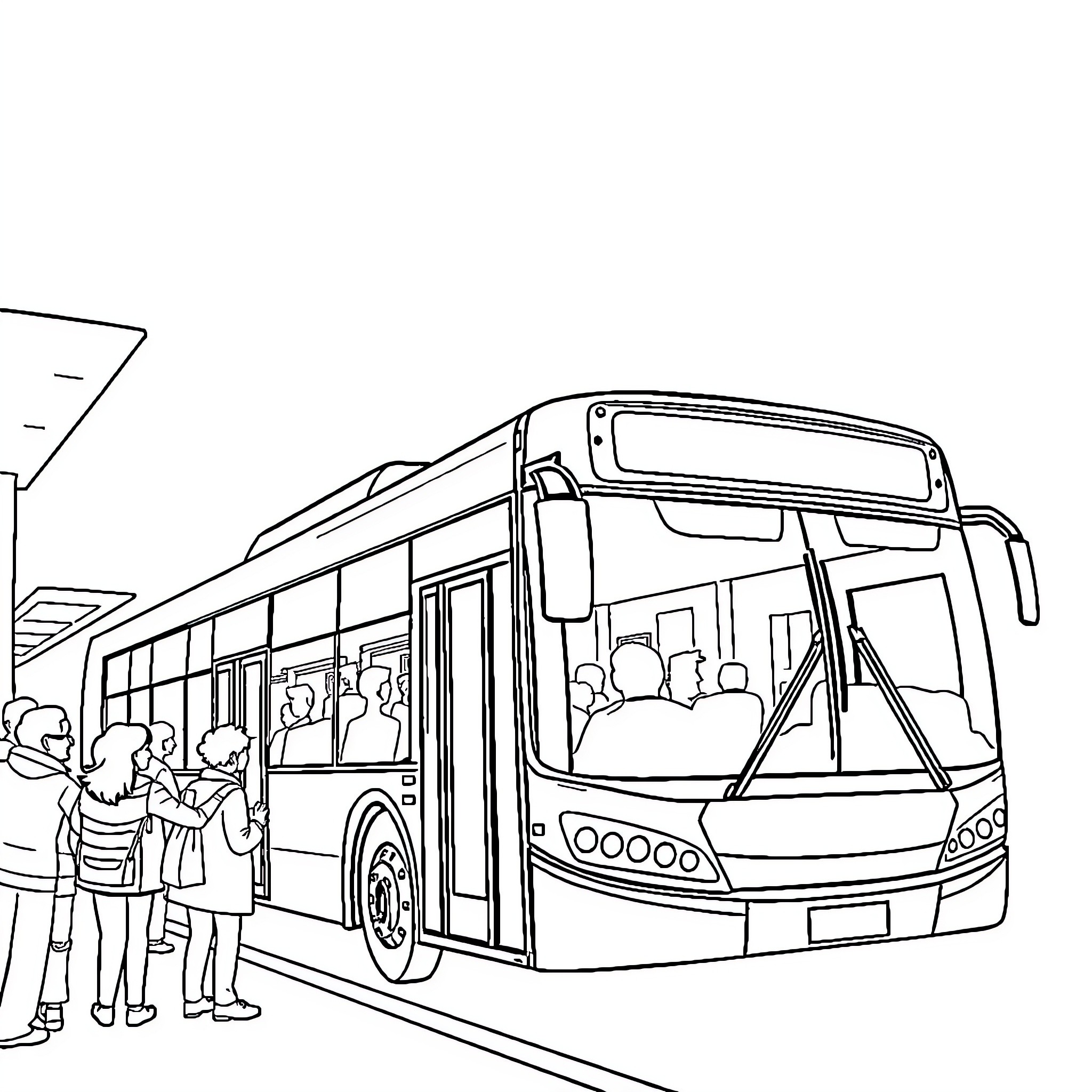 Bus boarding passengers at the station Coloring Page (free black-and-white line drawing printable PDF for all, from beginners to advanced learners, including children, teens, adults, and seniors)