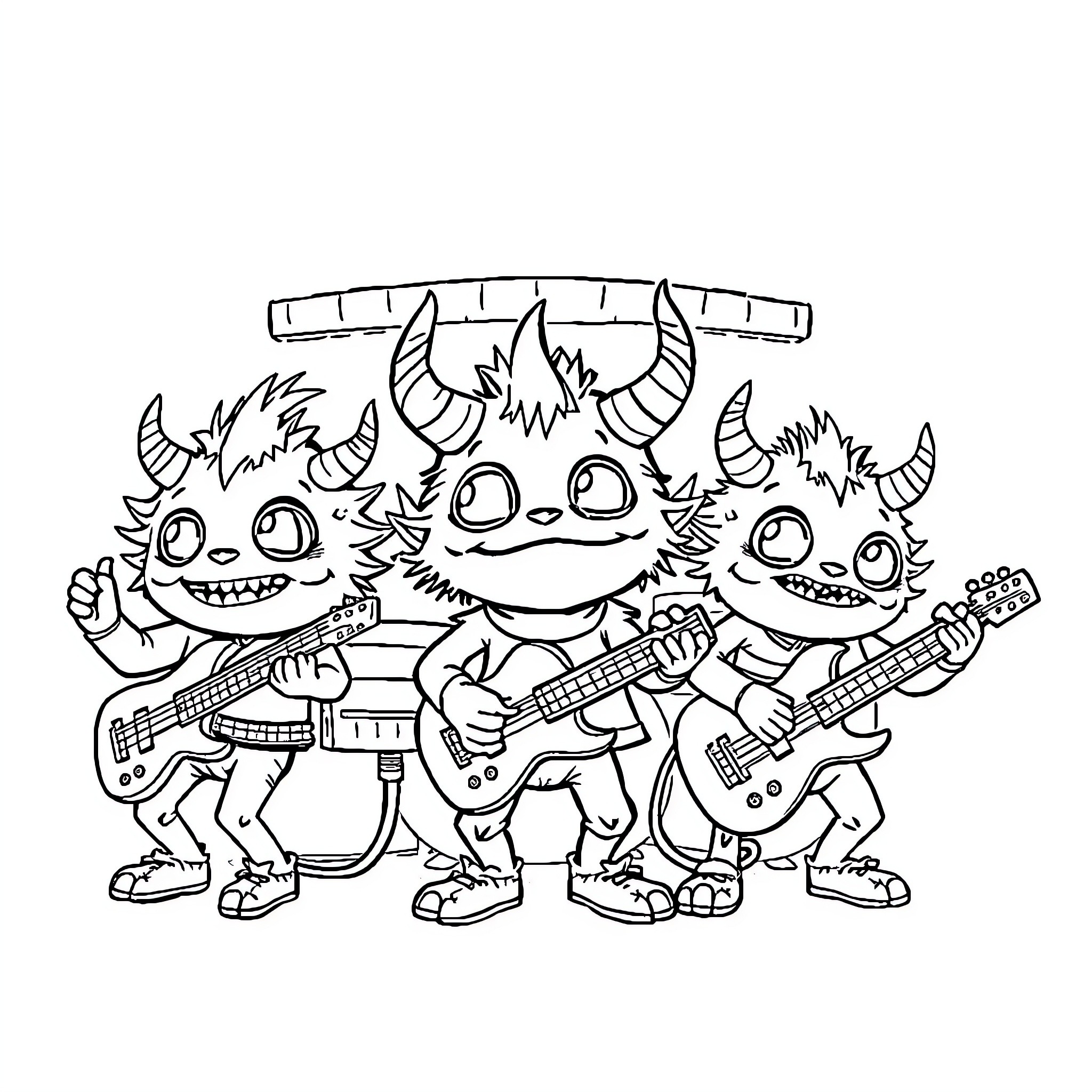 Monster band rocking out with guitars Coloring Page (free black-and-white line drawing printable PDF for all, from beginners to advanced learners, including children, teens, adults, and seniors)