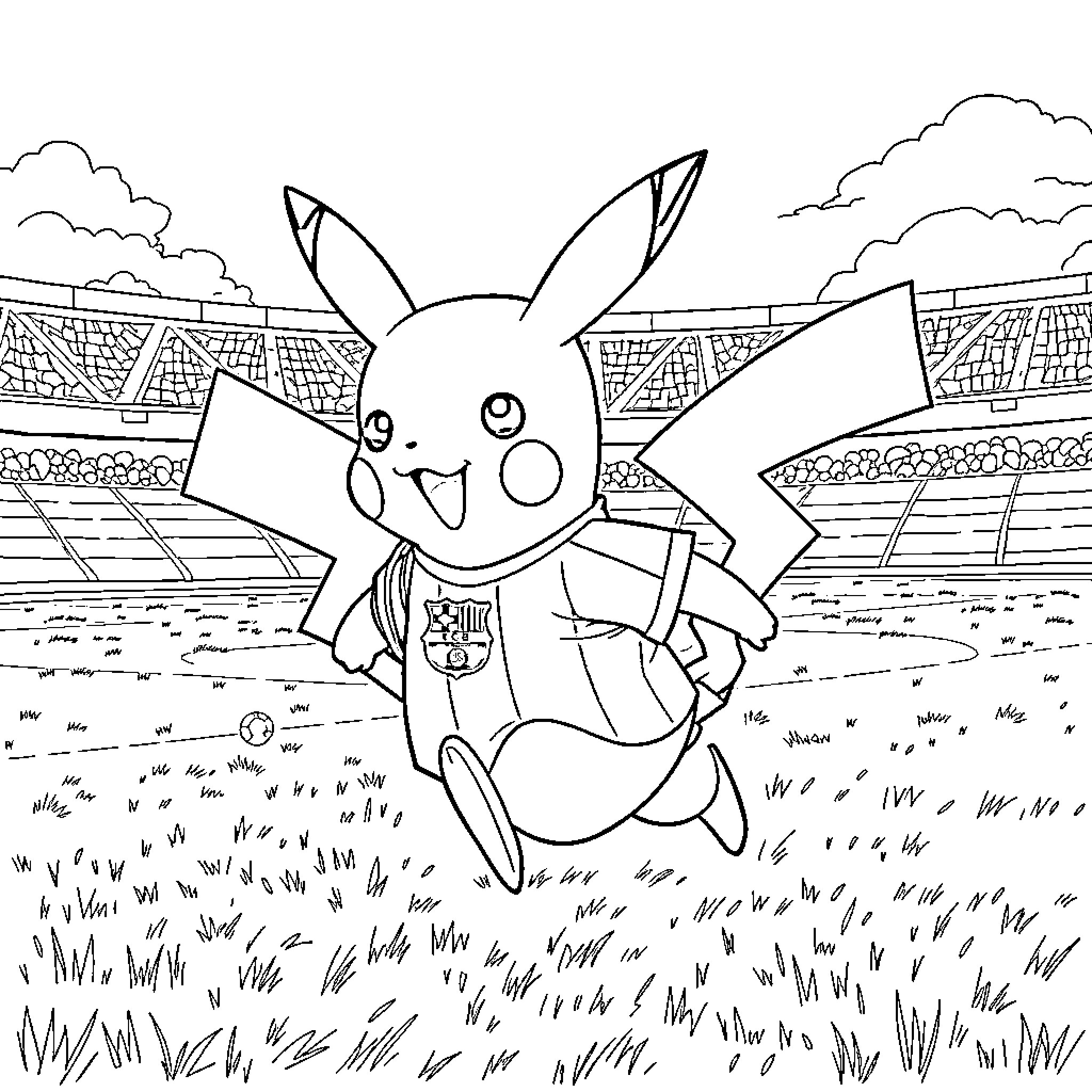 Pikachu Cheering on the Soccer Field Coloring Page (free black-and-white line drawing printable PDF for all, from beginners to advanced learners, including children, teens, adults, and seniors)