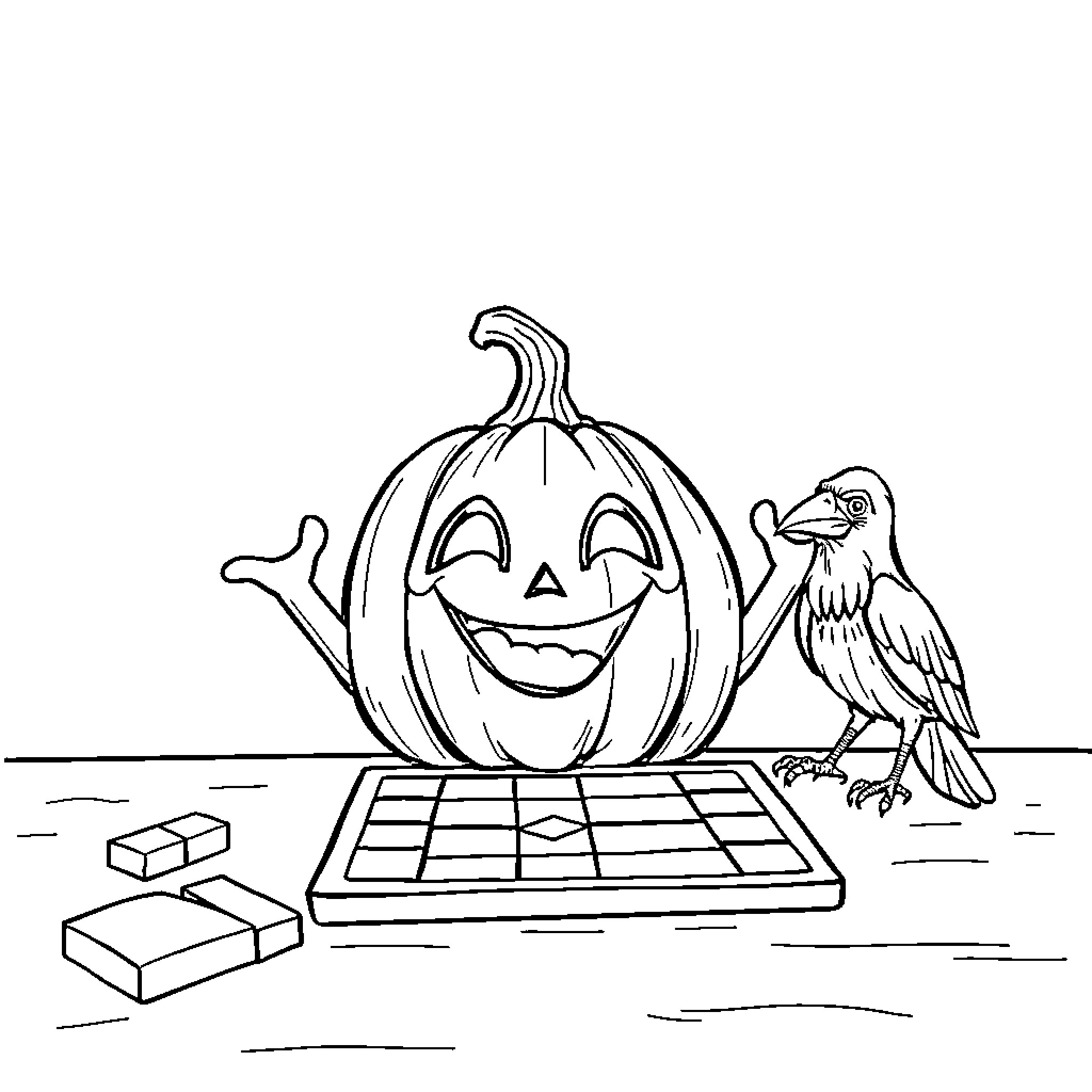 Pumpkin carving with a bird companion Coloring Page (free black-and-white line drawing printable PDF for all, from beginners to advanced learners, including children, teens, adults, and seniors)