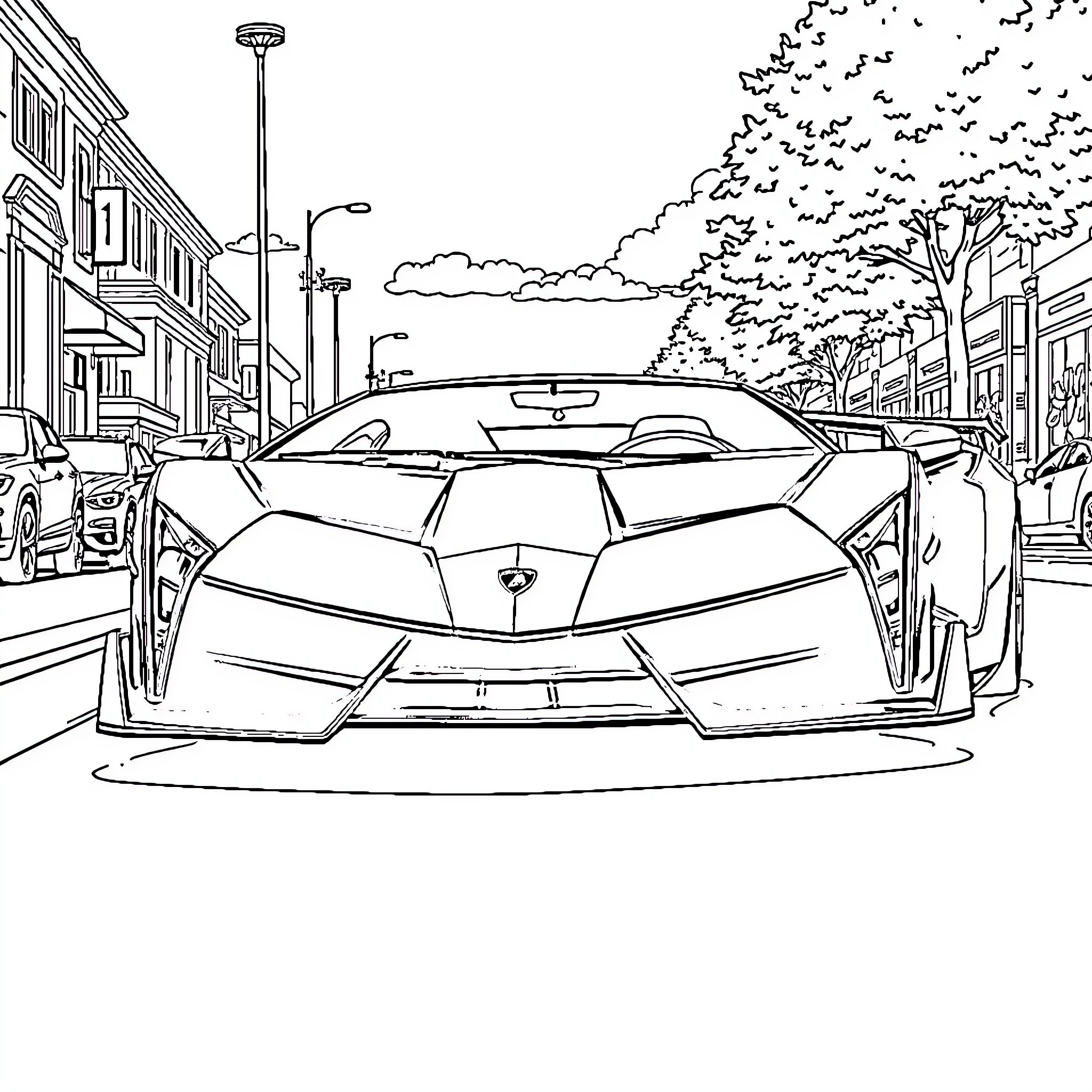 Lamborghini sports car in city street Coloring Page (free black-and-white line drawing printable PDF for all, from beginners to advanced learners, including children, teens, adults, and seniors)
