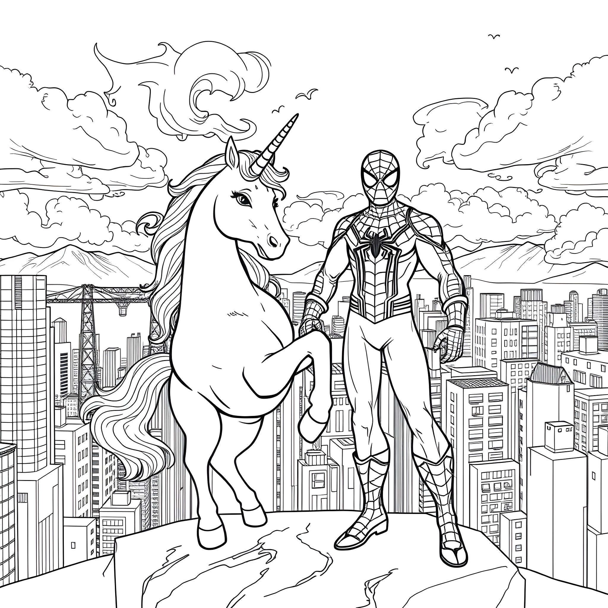 Unicorn and Superhero Duo Overlooking the City Coloring Page (free black-and-white line drawing printable PDF for all, from beginners to advanced learners, including children, teens, adults, and seniors)