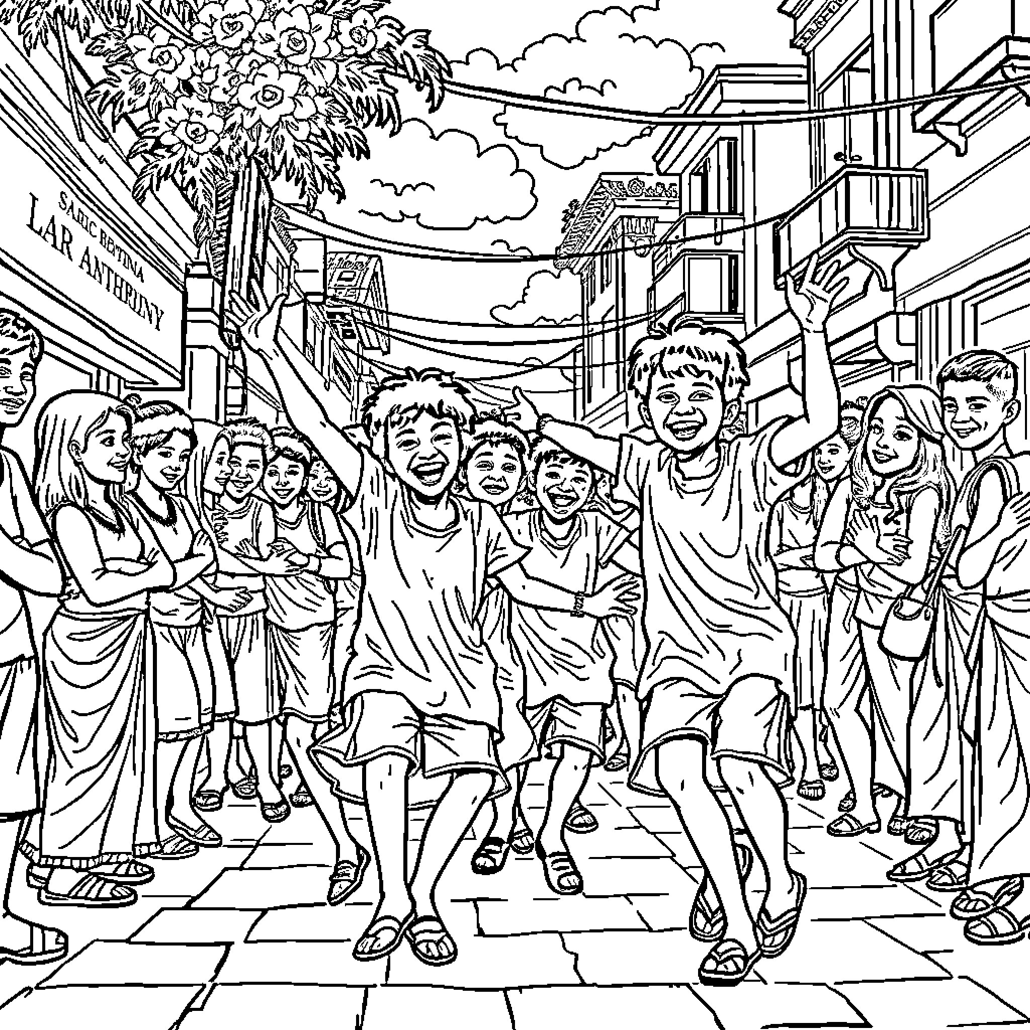 Boy playing joyfully with friends in a bustling street scene Coloring Page (free black-and-white line drawing printable PDF for all, from beginners to advanced learners, including children, teens, adults, and seniors)