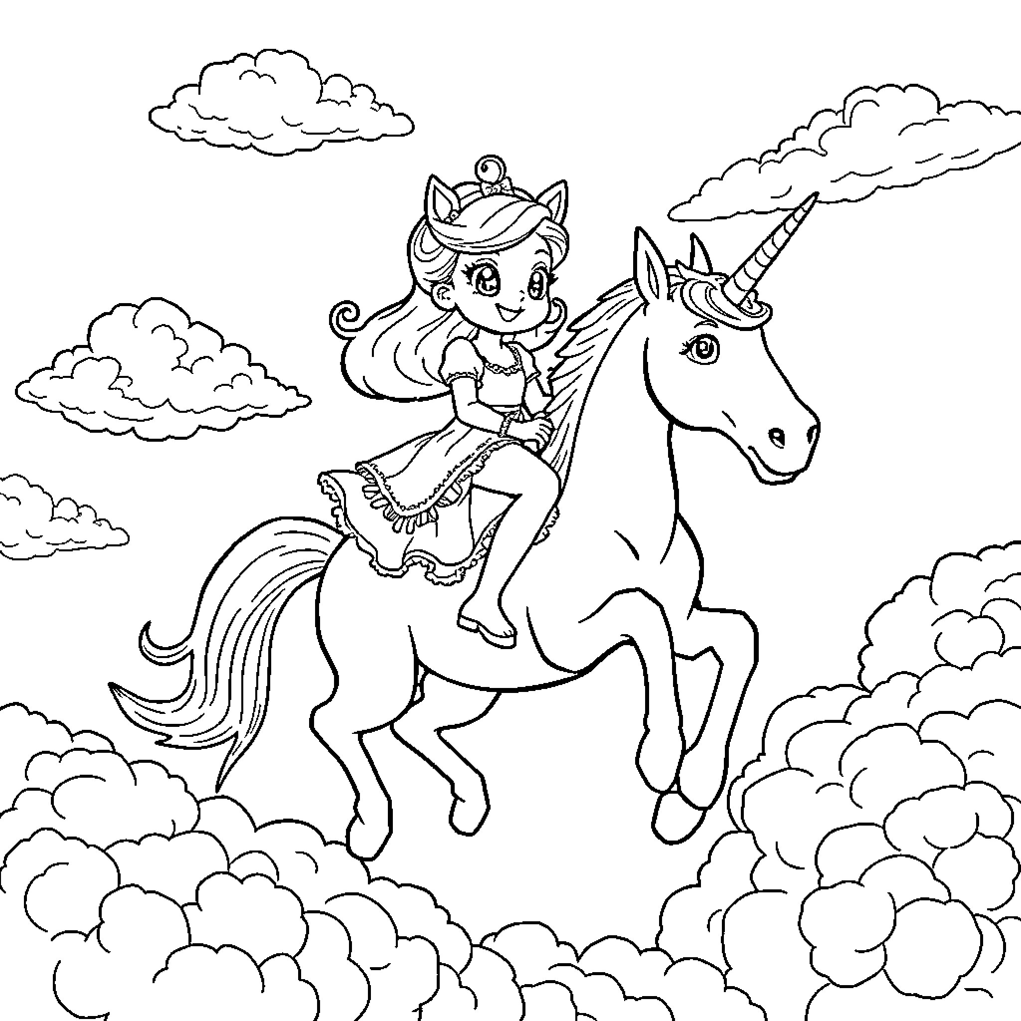 Unicorn Princess Riding Her Magical Steed Coloring Page (free black-and-white line drawing printable PDF for all, from beginners to advanced learners, including children, teens, adults, and seniors)