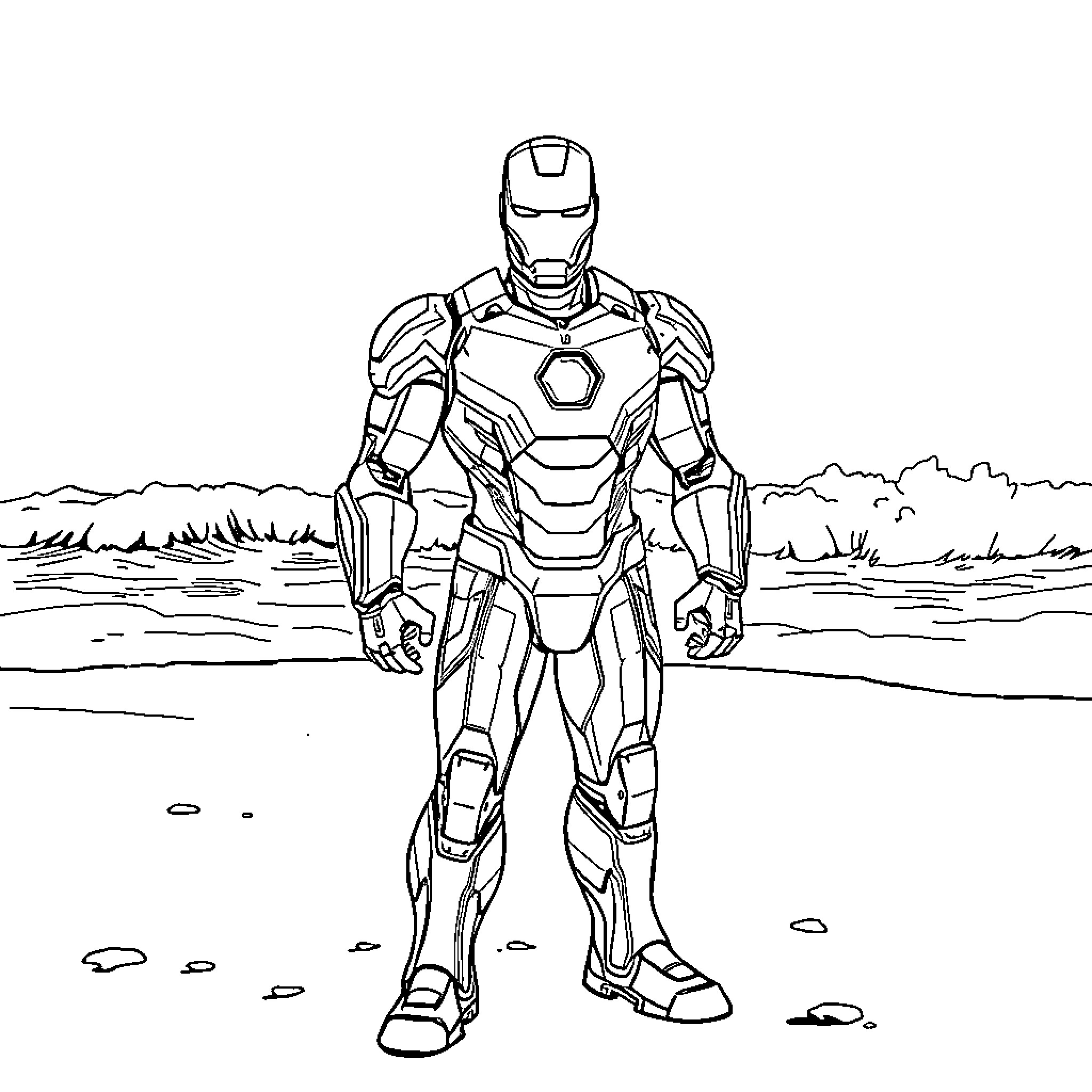 Ironman standing in a wilderness setting Coloring Page (free black-and-white line drawing printable PDF for all, from beginners to advanced learners, including children, teens, adults, and seniors)