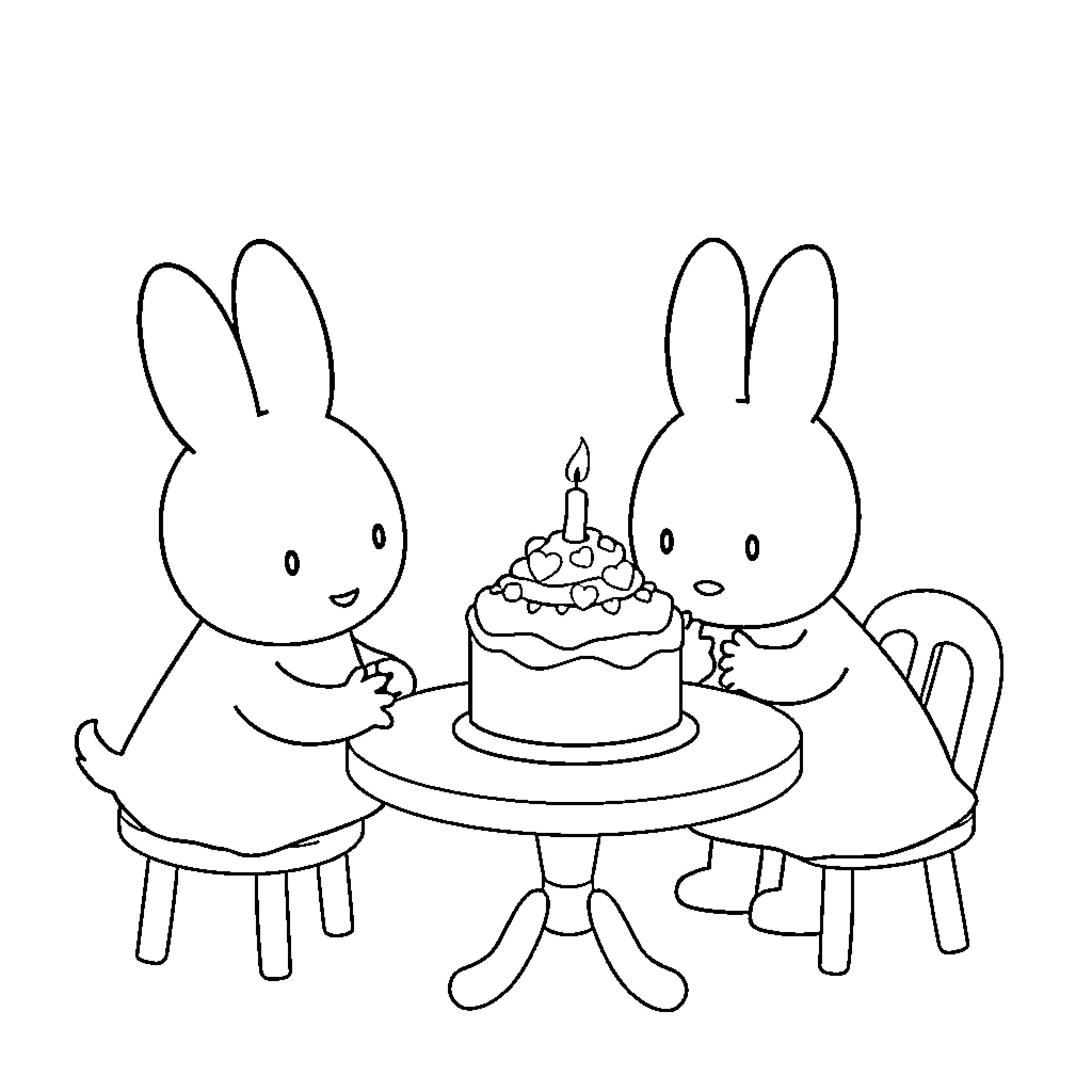 Miffy and Friend Celebrating with Birthday Cake Coloring Page (free black-and-white line drawing printable PDF for all, from beginners to advanced learners, including children, teens, adults, and seniors)