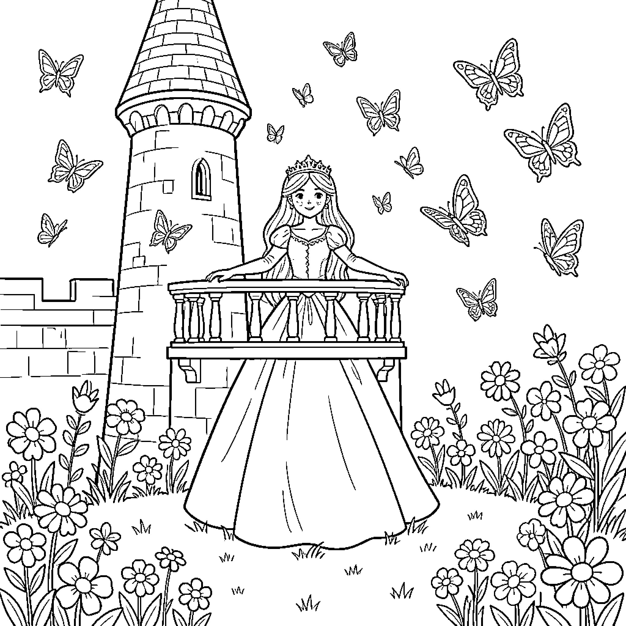 Princess standing on a balcony surrounded by butterflies Coloring Page (free black-and-white line drawing printable PDF for all, from beginners to advanced learners, including children, teens, adults, and seniors)