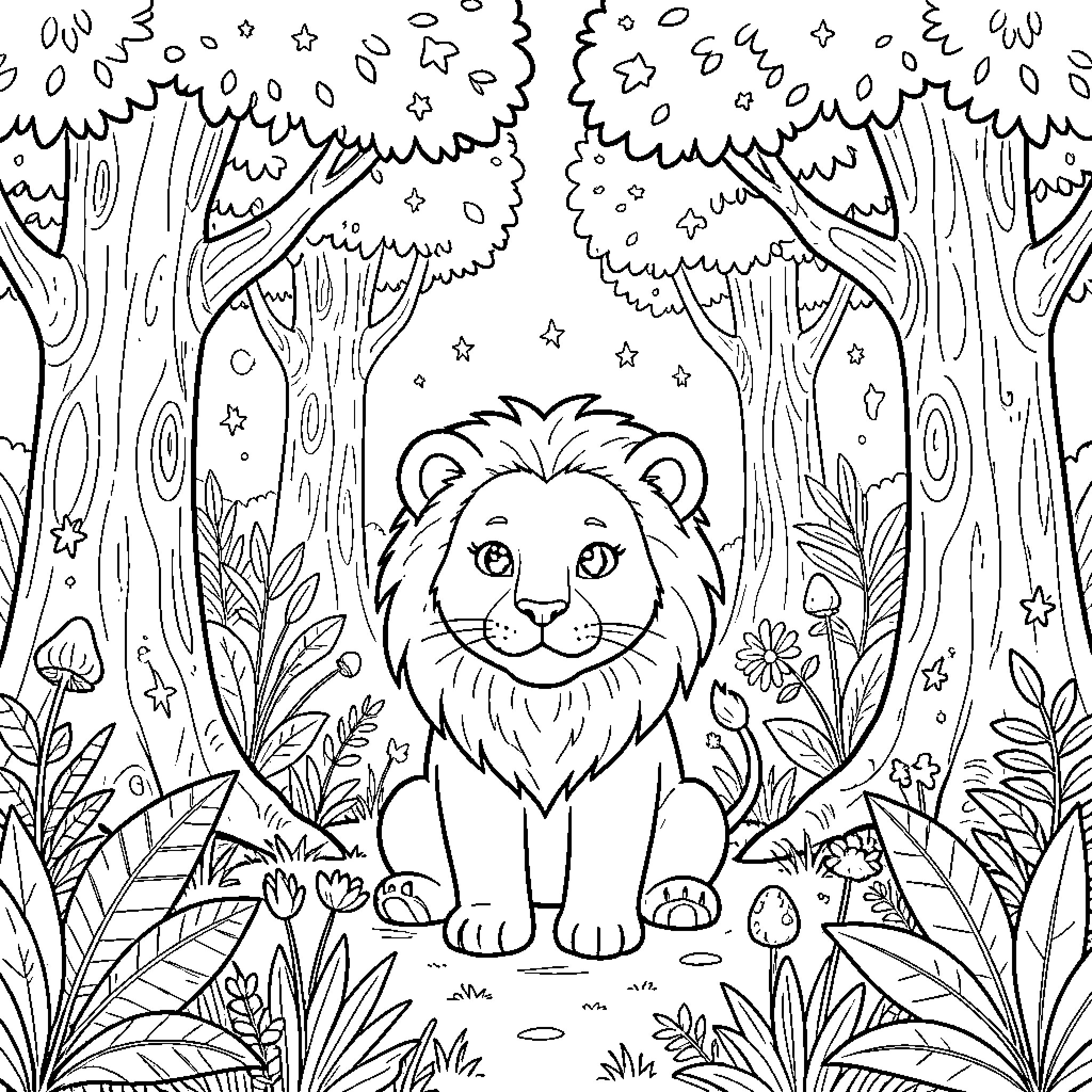 Lion sitting calmly in a lush forest clearing Coloring Page (free black-and-white line drawing printable PDF for all, from beginners to advanced learners, including children, teens, adults, and seniors)