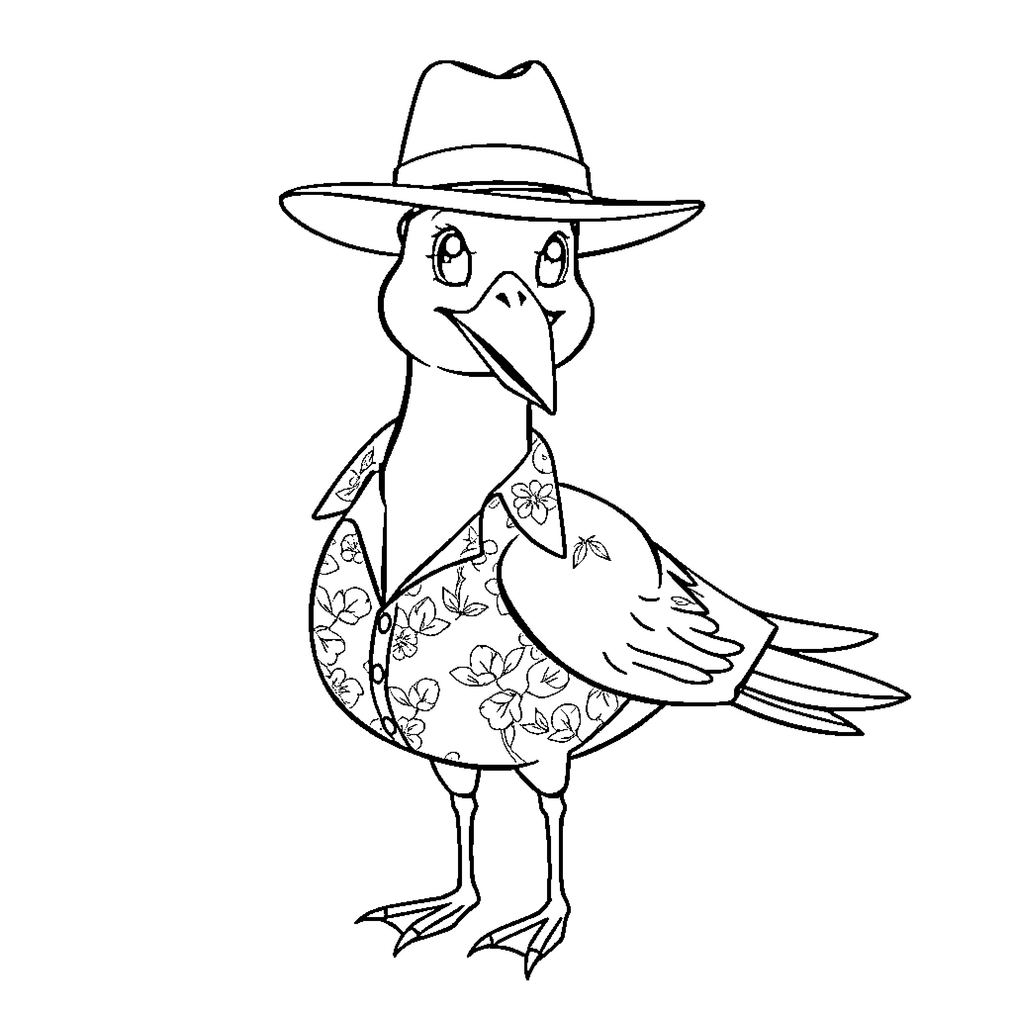 Seagull wearing a cowboy hat and flower patterned outfit Coloring Page (free black-and-white line drawing printable PDF for all, from beginners to advanced learners, including children, teens, adults, and seniors)