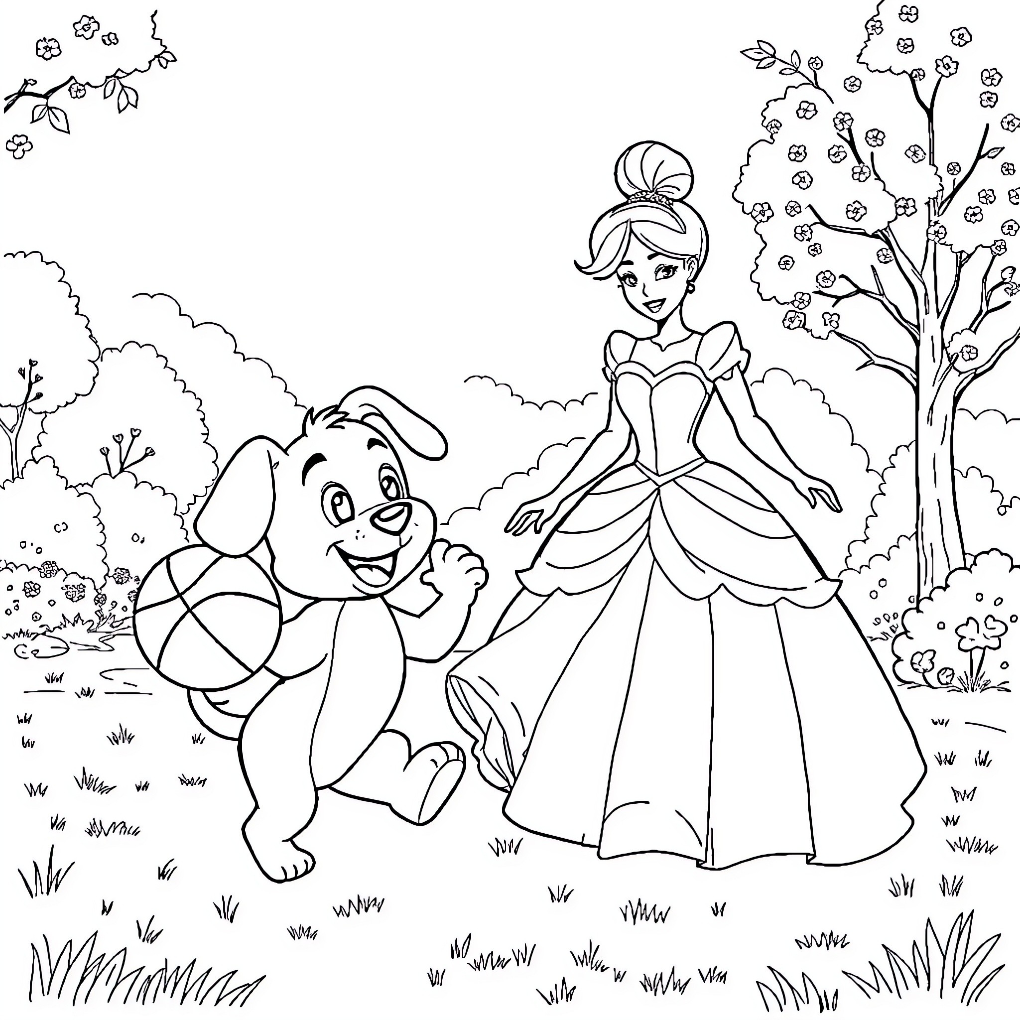 Bluey and the Fairy Princess in the Enchanted Garden Coloring Page (free black-and-white line drawing printable PDF for all, from beginners to advanced learners, including children, teens, adults, and seniors)