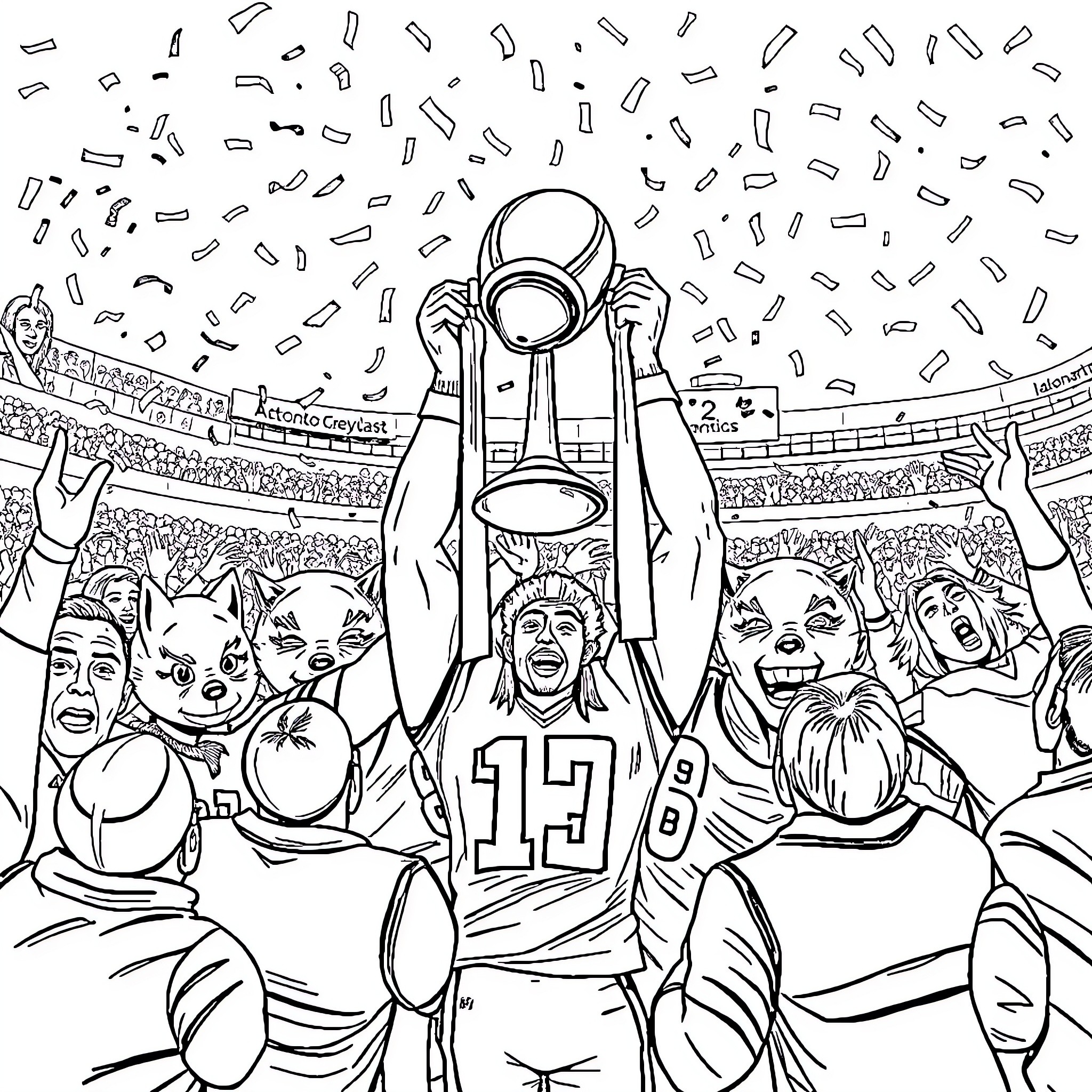 Argonauts Celebrate Championship Victory in Stadium Coloring Page (free black-and-white line drawing printable PDF for all, from beginners to advanced learners, including children, teens, adults, and seniors)