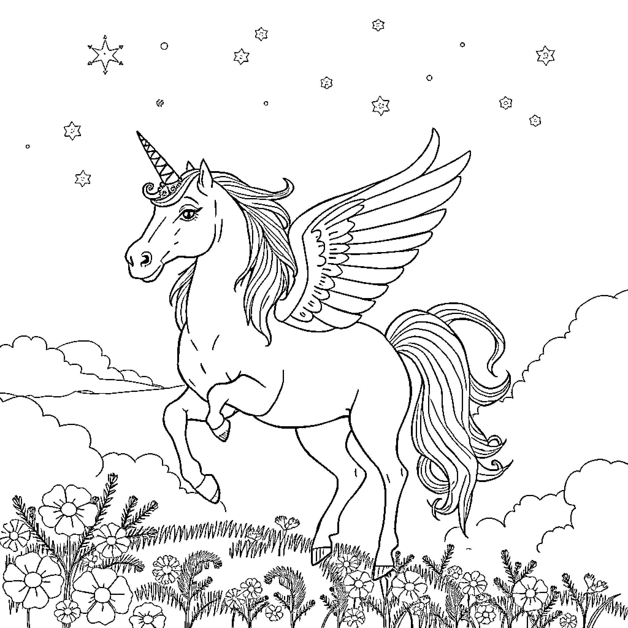 Rapunzel's Magical Unicorn in the Starry Night Coloring Page (free black-and-white line drawing printable PDF for all, from beginners to advanced learners, including children, teens, adults, and seniors)