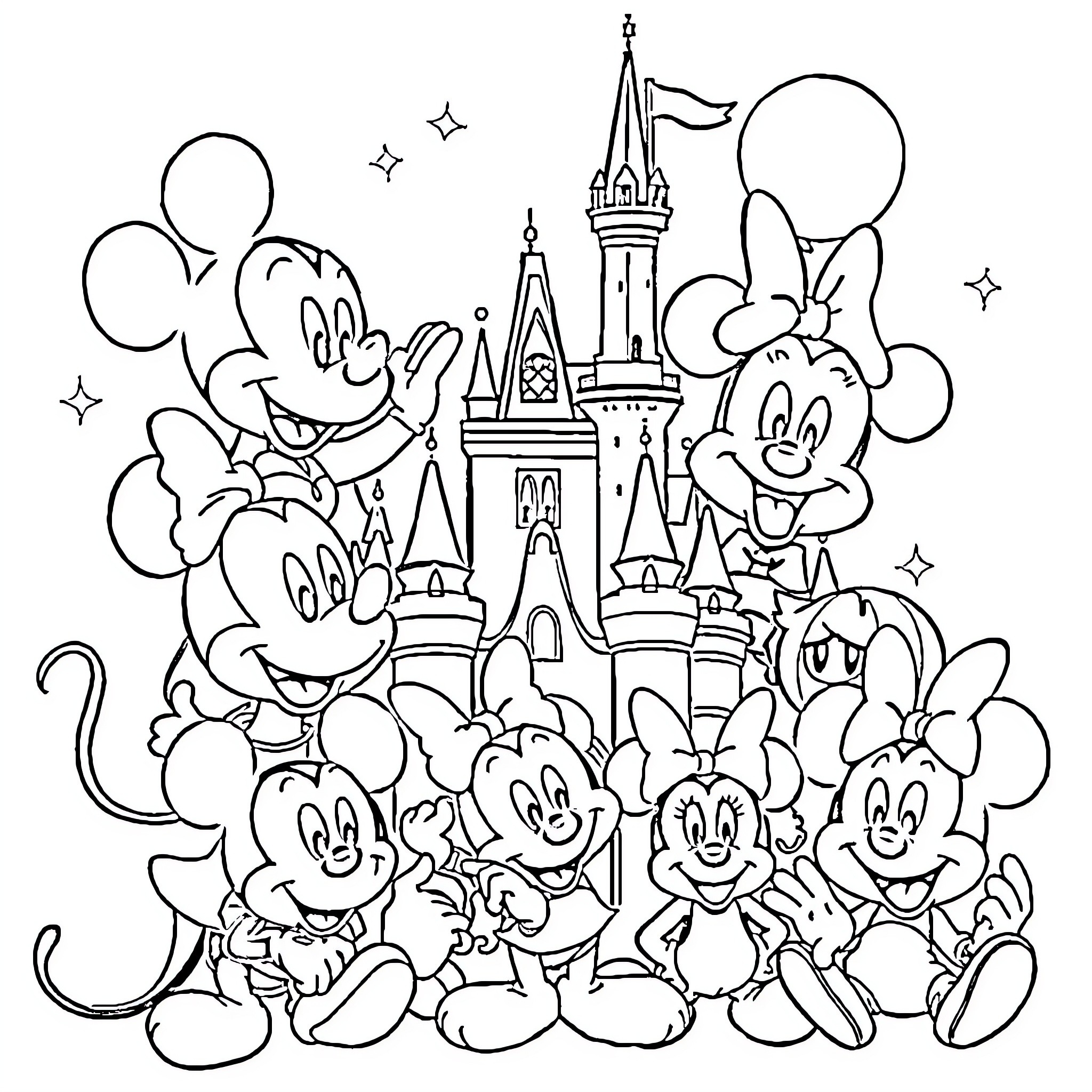 Disney Characters Gathered at the Castle Coloring Page (free black-and-white line drawing printable PDF for all, from beginners to advanced learners, including children, teens, adults, and seniors)