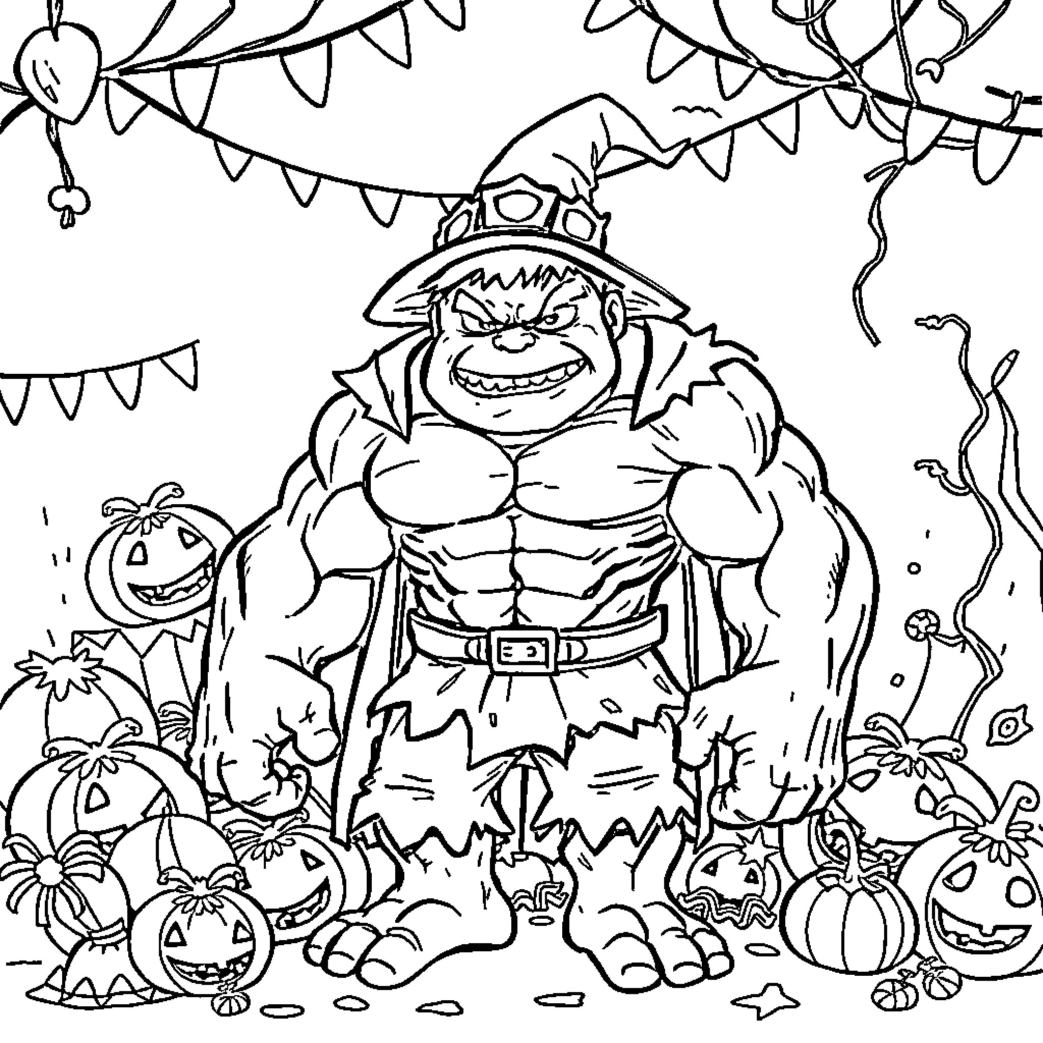 Hulk's Monstrous Halloween Adventure Coloring Page (free black-and-white line drawing printable PDF for all, from beginners to advanced learners, including children, teens, adults, and seniors)
