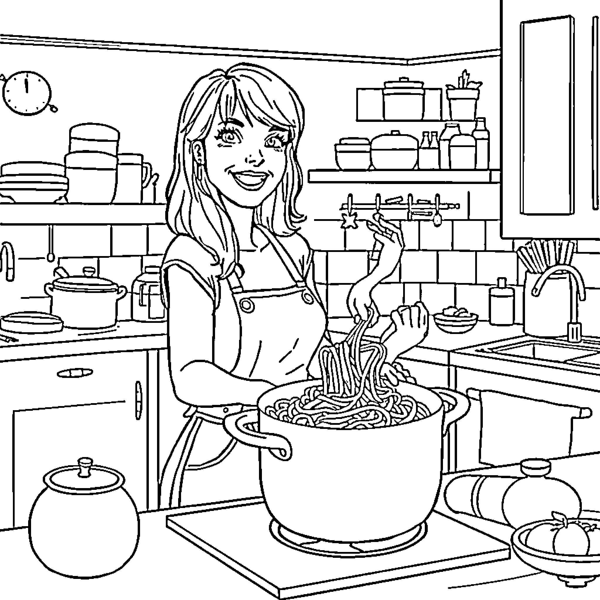 Mylène Farmer Cooking Pasta in the Kitchen Coloring Page (free black-and-white line drawing printable PDF for all, from beginners to advanced learners, including children, teens, adults, and seniors)