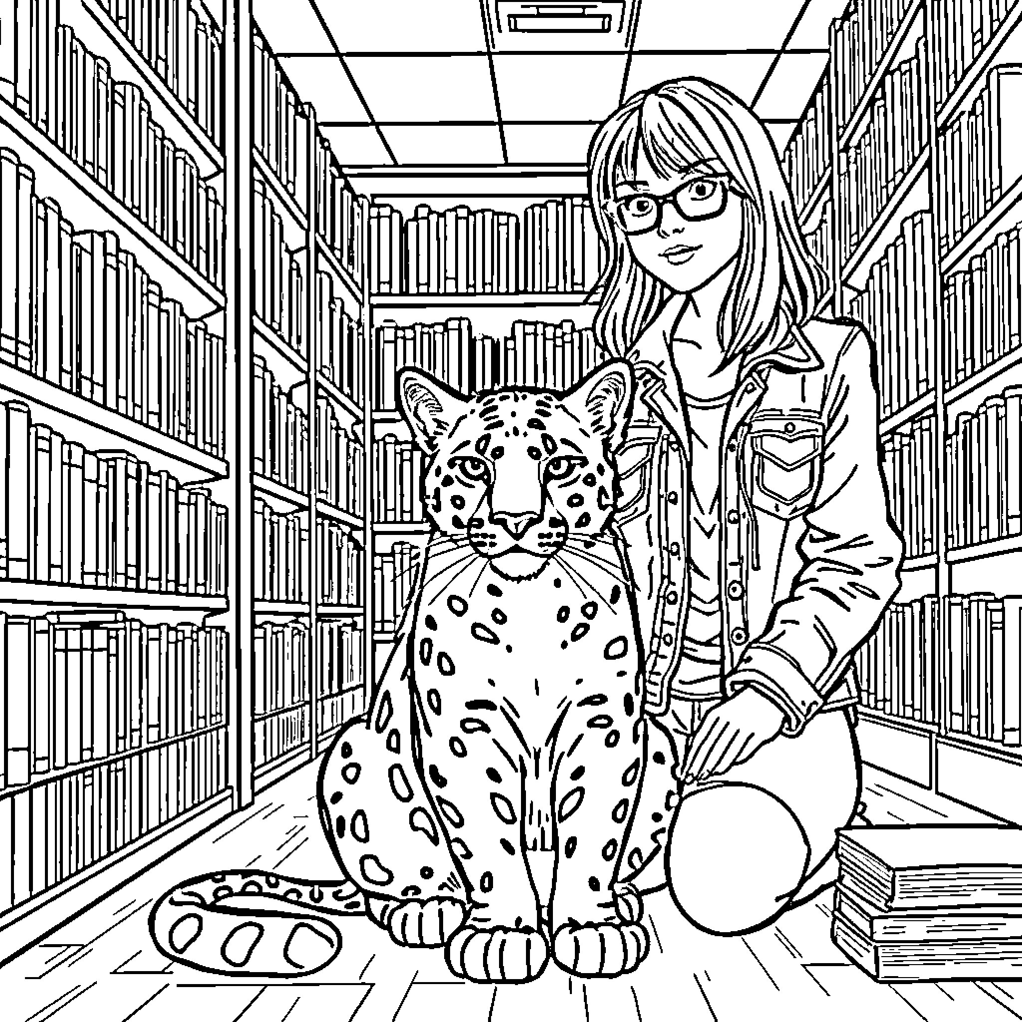 Cougar and Librarian in the Stacks Coloring Page (free black-and-white line drawing printable PDF for all, from beginners to advanced learners, including children, teens, adults, and seniors)