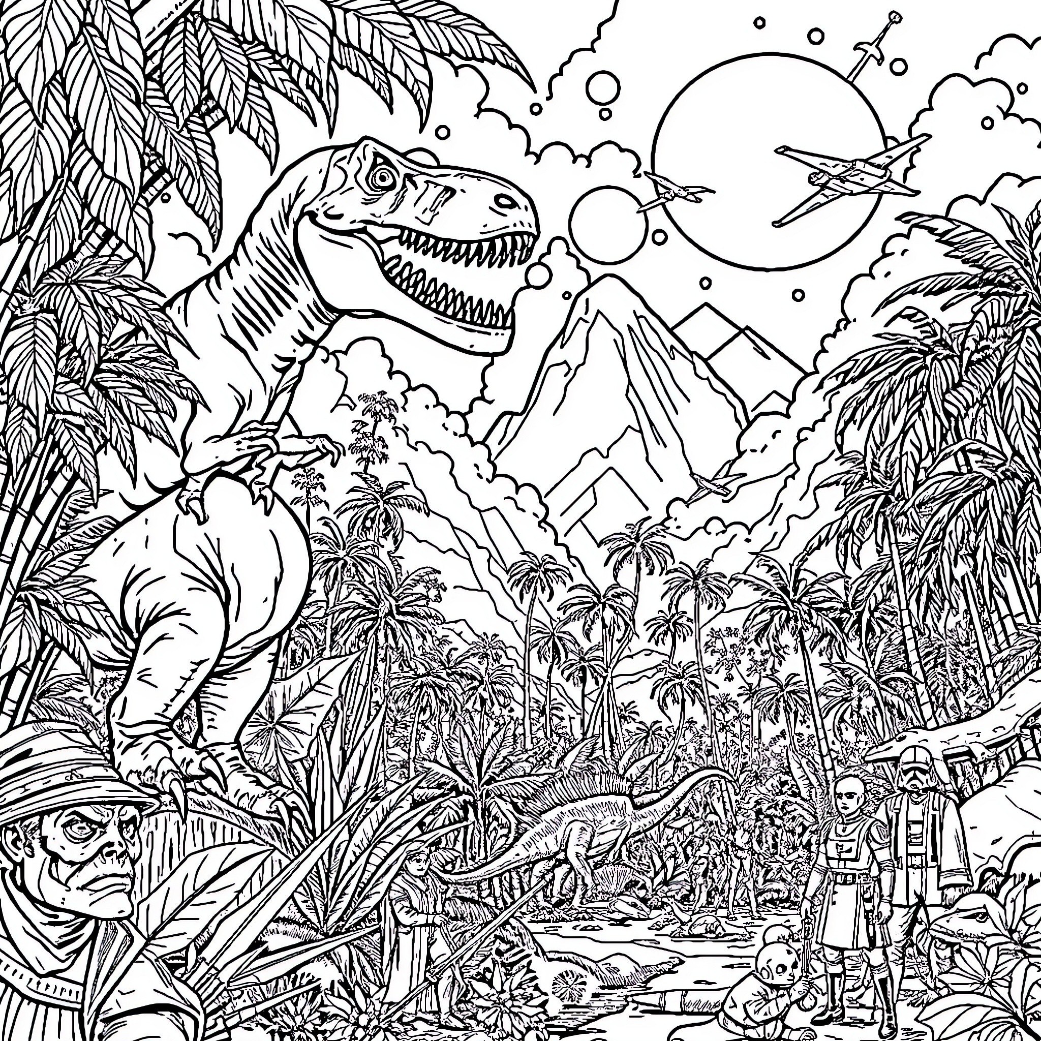 Dinosaur roams through prehistoric jungle landscape Coloring Page (free black-and-white line drawing printable PDF for all, from beginners to advanced learners, including children, teens, adults, and seniors)