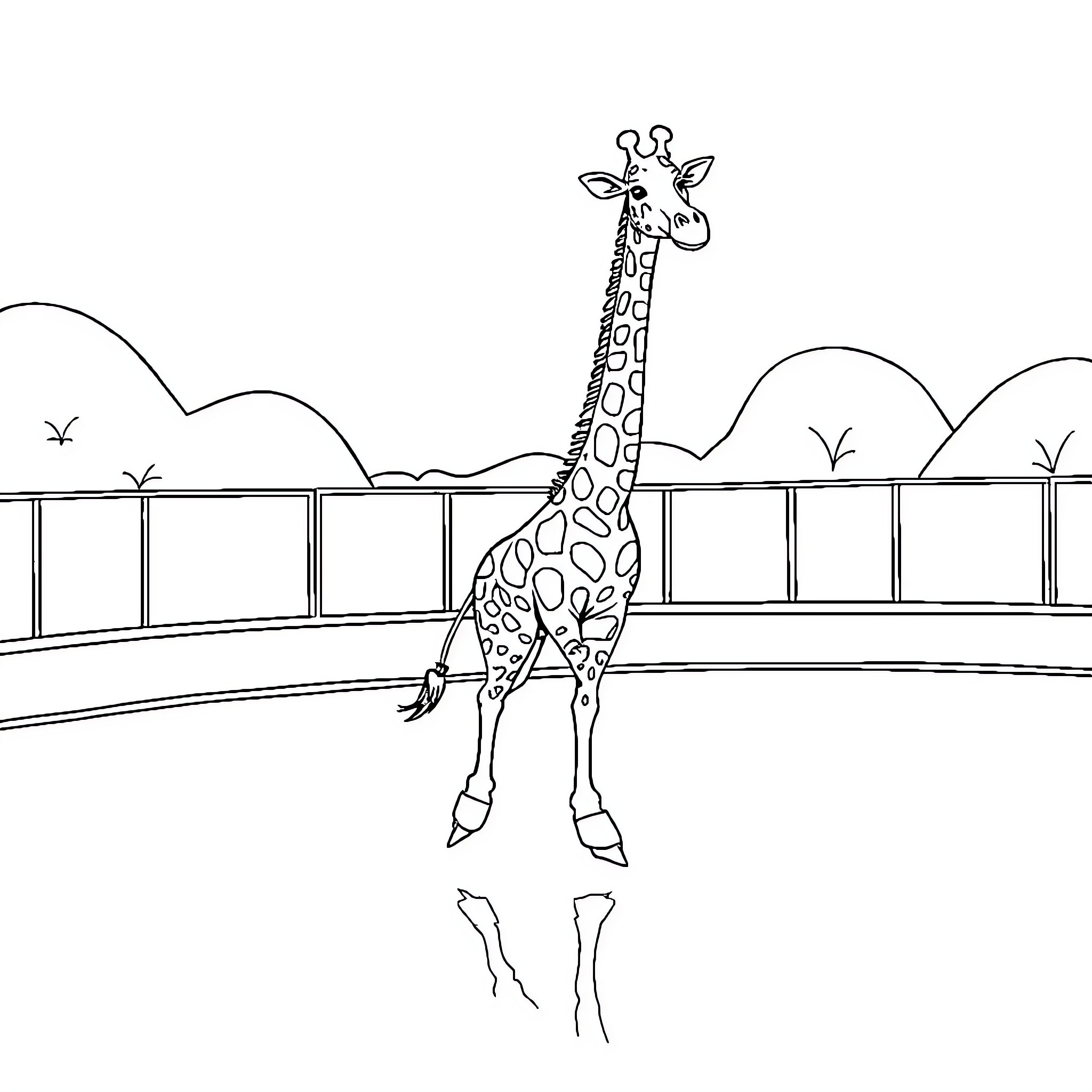 Giraffe standing tall in the zoo Coloring Page (free black-and-white line drawing printable PDF for all, from beginners to advanced learners, including children, teens, adults, and seniors)