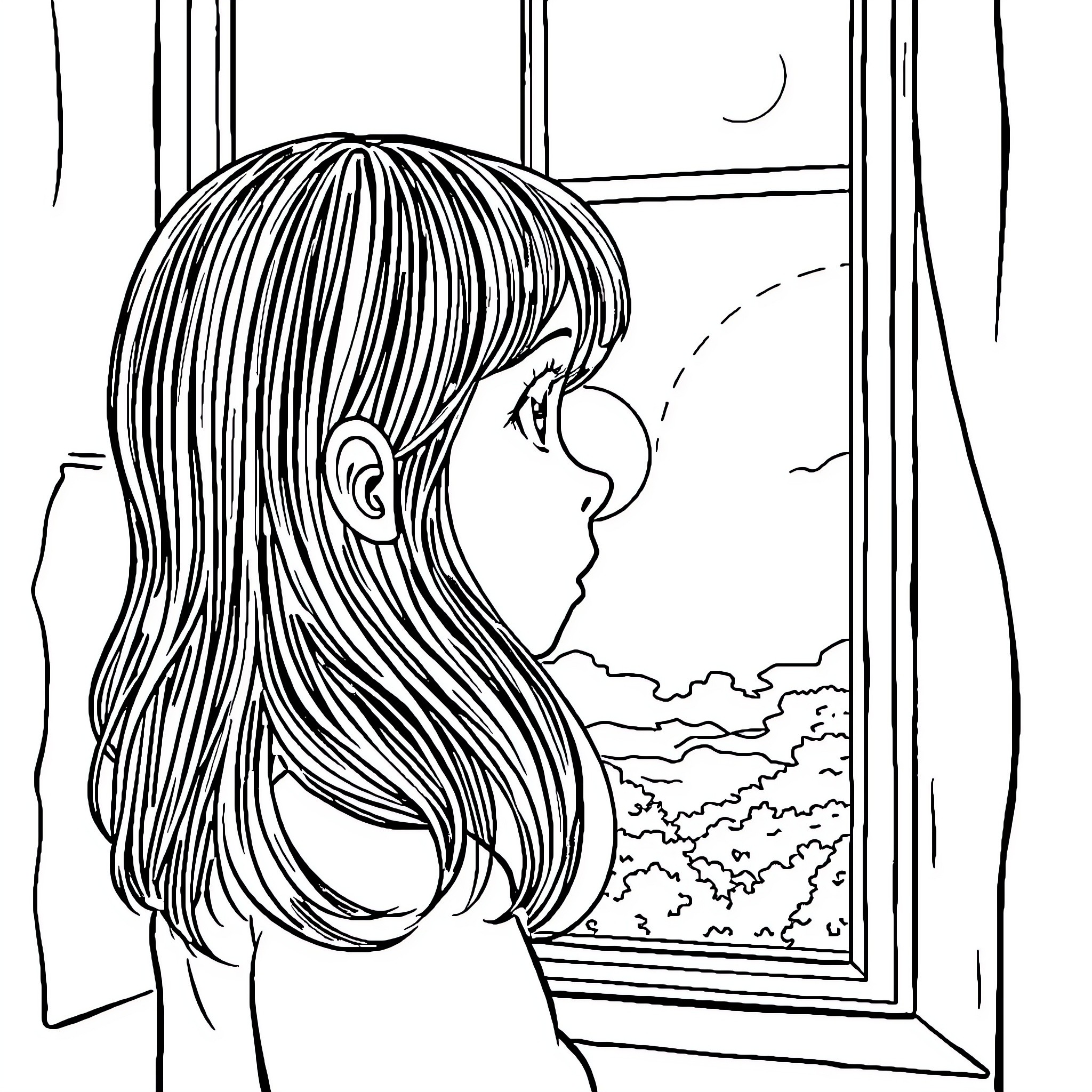 Girl gazing out window at night Coloring Page (free black-and-white line drawing printable PDF for all, from beginners to advanced learners, including children, teens, adults, and seniors)