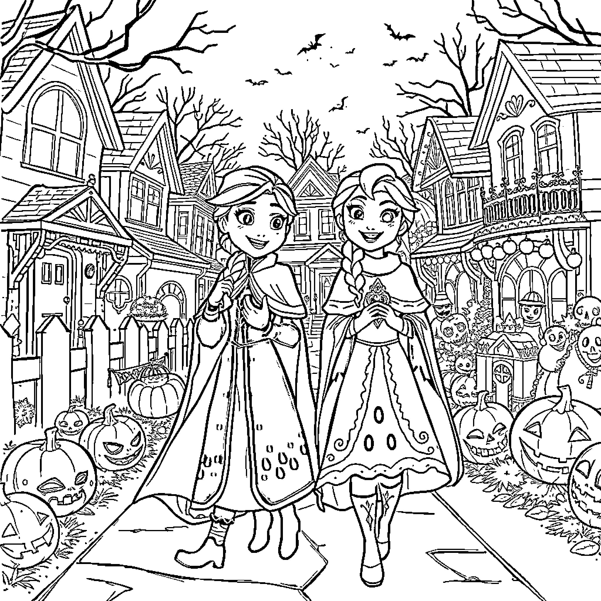 Elsa and Anna enjoying a Halloween celebration Coloring Page (free black-and-white line drawing printable PDF for all, from beginners to advanced learners, including children, teens, adults, and seniors)