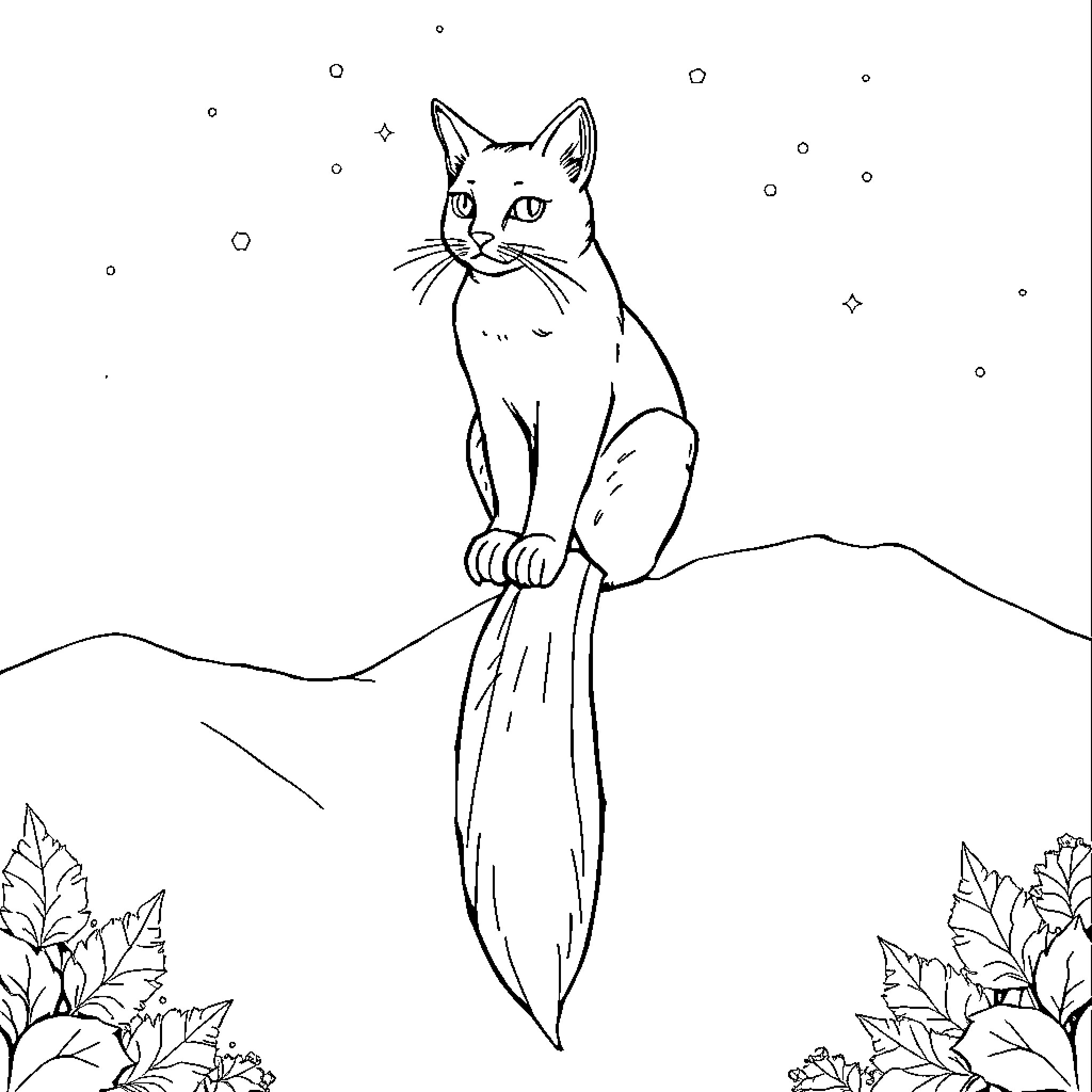 Cat sitting on a branch in a starry night Coloring Page (free black-and-white line drawing printable PDF for all, from beginners to advanced learners, including children, teens, adults, and seniors)